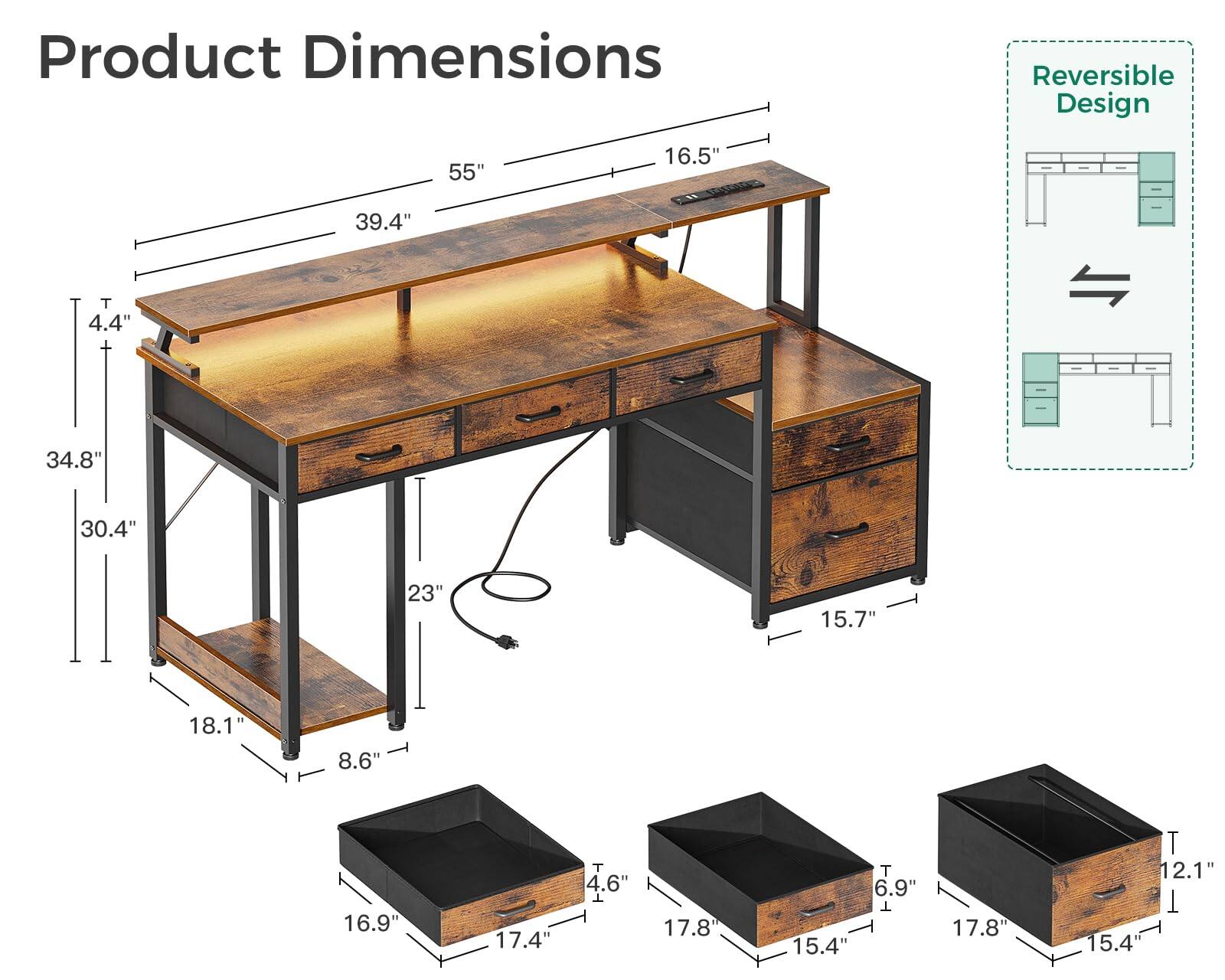 Product Dimensions  
Reversible Design  

- Length: 55"  
- Width: 16.5"  
- Height: 34.8"  
- Drawer Height: 4.4"  
- Drawer Width: 39.4"  
- Drawer Depth: 30.4"  
- Shelf Height: 23"  
- Shelf Width: 18.1"  
- Shelf Depth: 8.6"  
- Shelf Height: 16.9"  
- Shelf Width: 17.4"  
- Shelf Depth: 4.6"  
- Drawer Height: 17.8"  
- Drawer Width: 15.4"  
- Drawer Depth: 6.9"  
- Drawer Height: 17.8"  
- Drawer Width: 12.1"  
- Drawer Depth: 15.4"