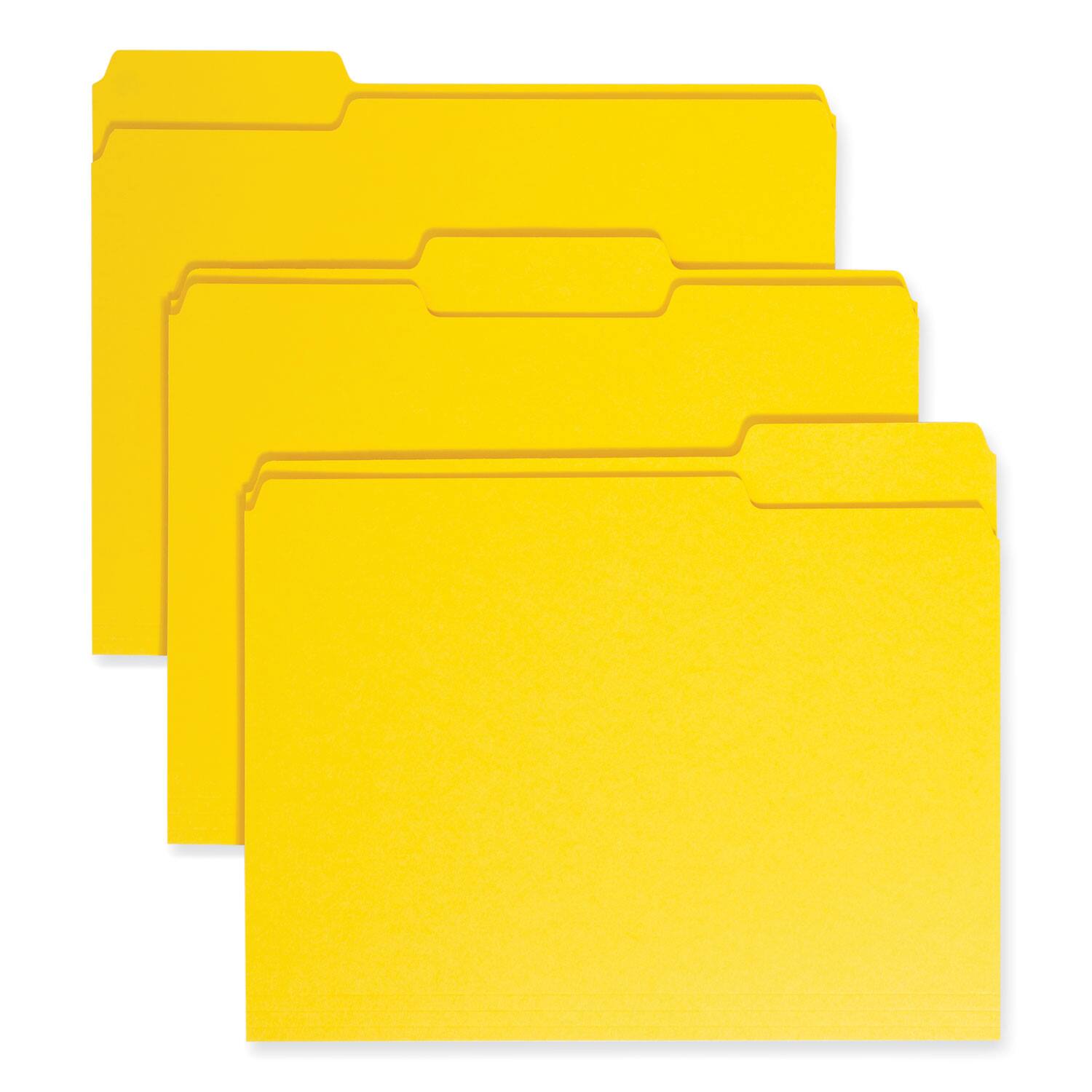 Front. Smead Manufacturing - Colored File Folders, 1/3-Cut Tabs: Assorted, Letter Size, 0.75" Expansion, Yellow, 100/Box.
