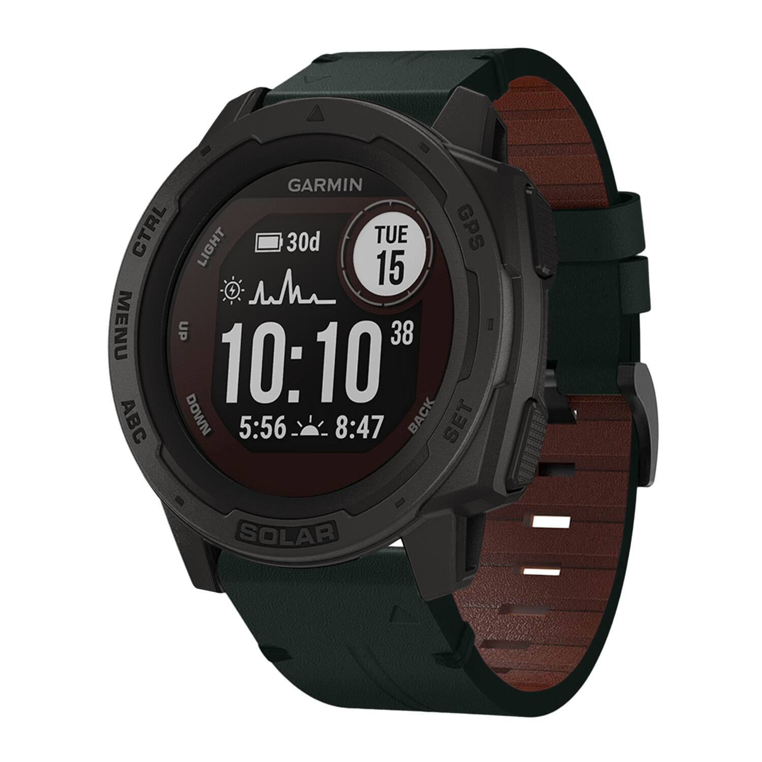 GARMIN 7 CTRL TUE 15 LIGHT 30d 2 15 + MENU UP 10:10' 38 ABC DOWN 5:56 8:47 BACK SET SOLAR
