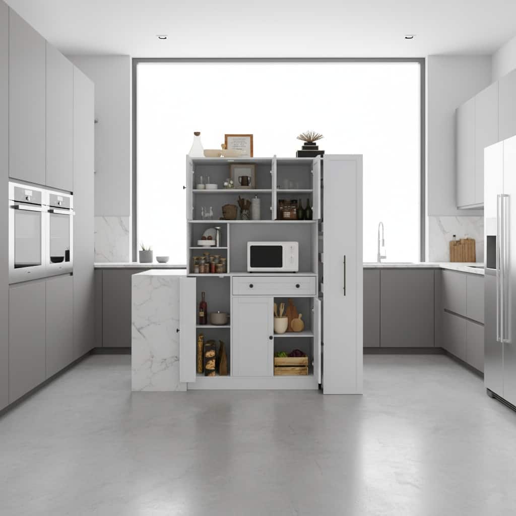 Forest'nSky - 70" Tall Buffet with Hutch, Large Kitchen Pantry with Pull-Out Side Cabinet & Door Shelves - White
