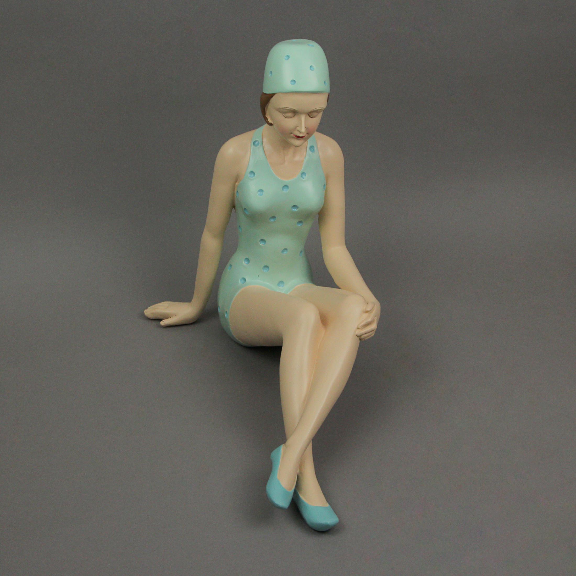Alt View 1. Fancy That - Retro Bathing Beauty Beach Girl Relaxing In Light Blue Polka Dot Swimsuit Statue - Light Green.
