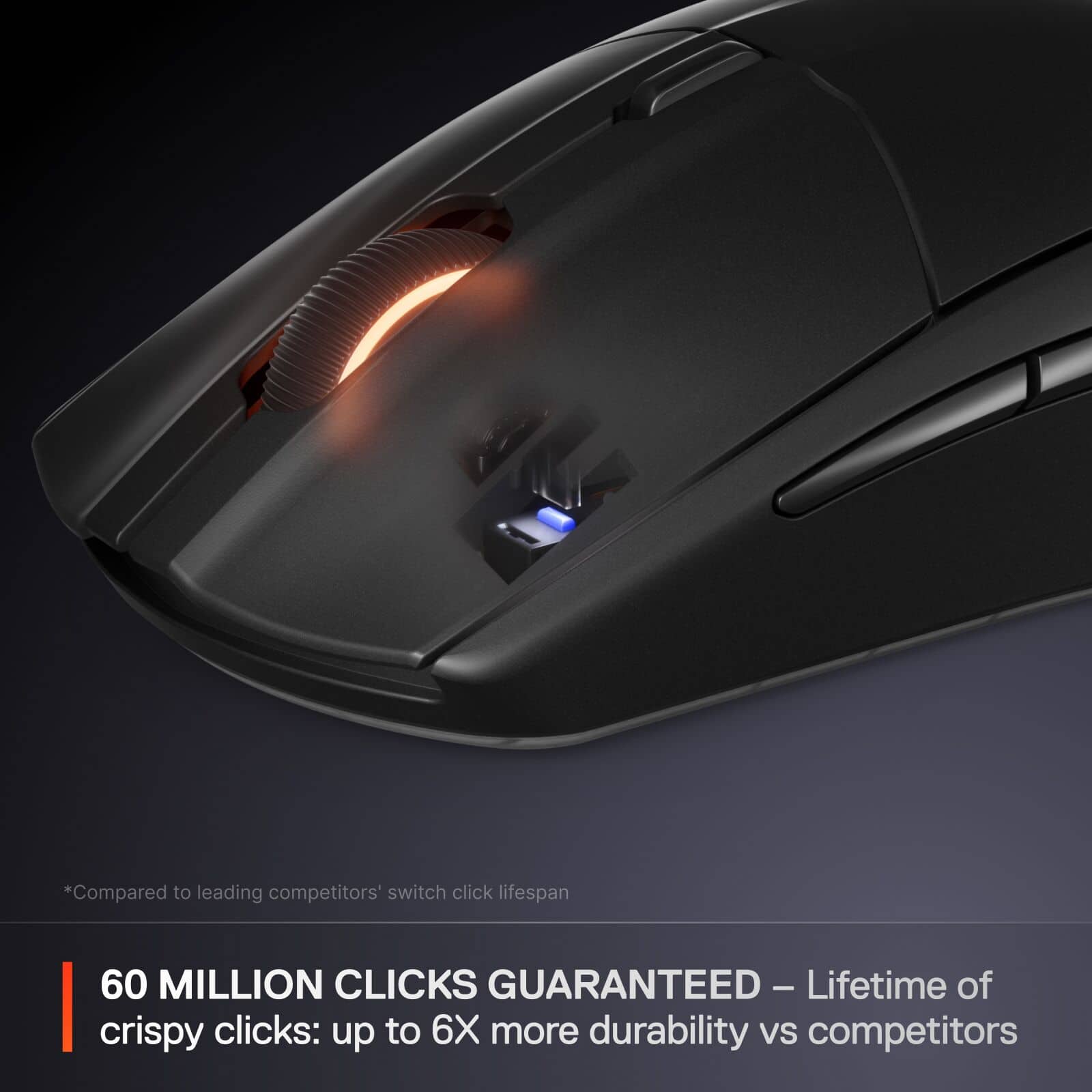 Compared to leading competitors' switch click lifespan, our product offers a 60 MILLION CLICKS GUARANTEED - that's a Lifetime of crispy clicks: up to 6X more durability vs competitors.