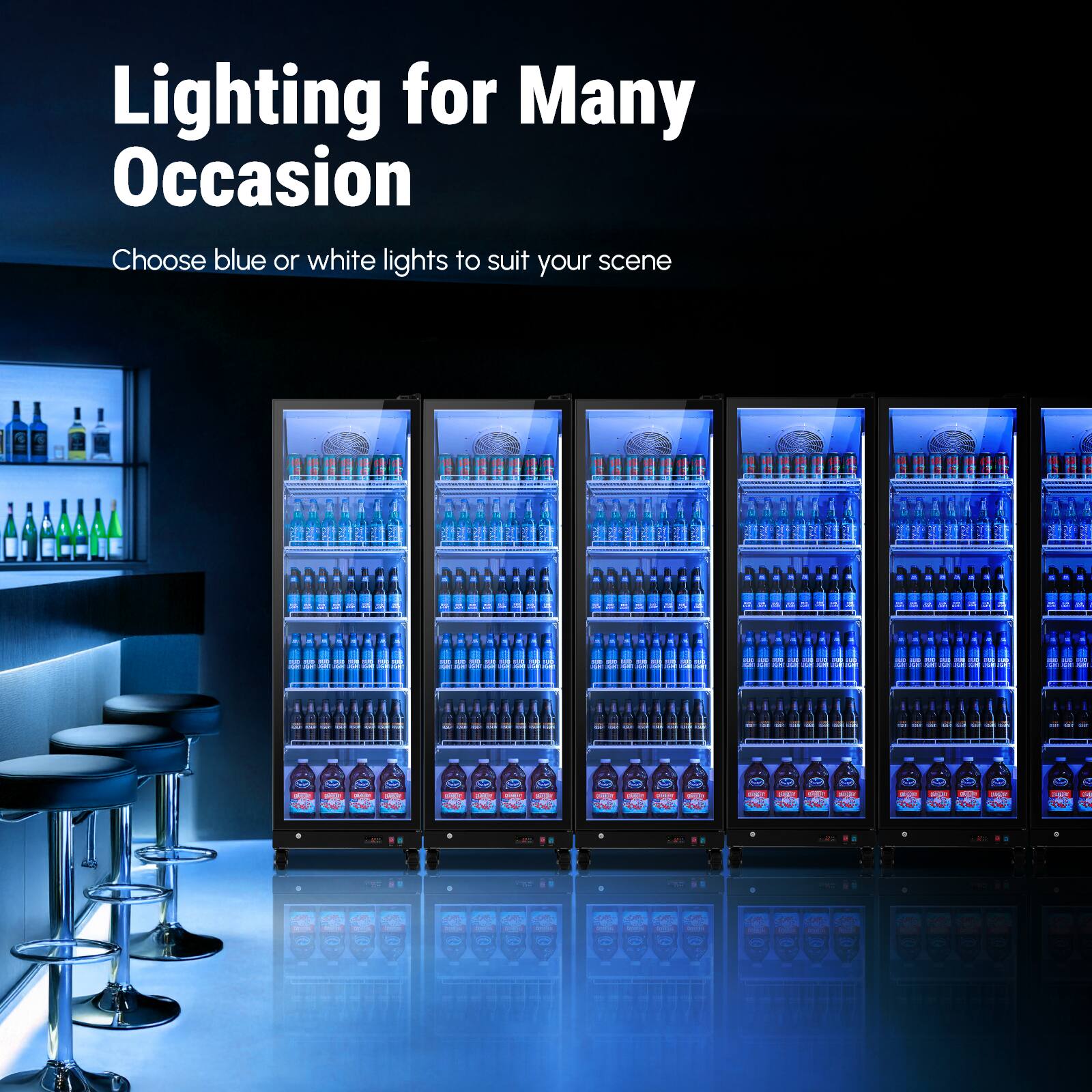 Lighting for Many Occasion  
Choose blue or white lights to suit your scene