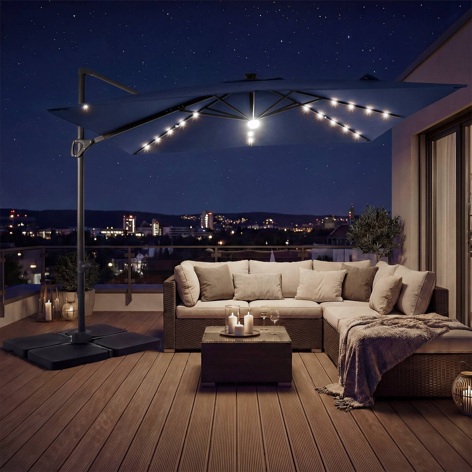 Alt View 1. Gymax - Gymax 10 FT Cantilever Outdoor Umbrella w/ 32 Solar LED Lights & 220 LBS Base Navy & Black - Blue.