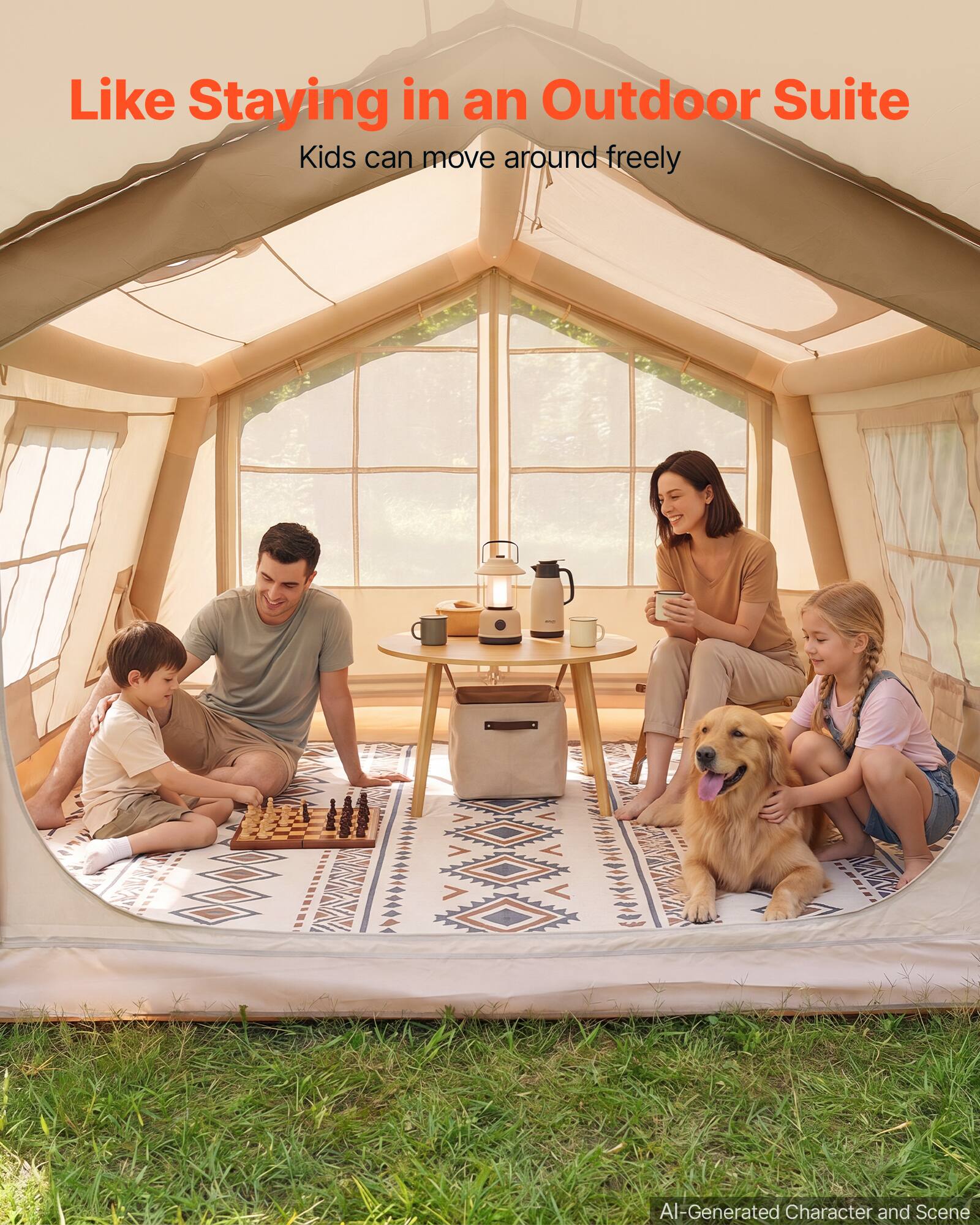 Like Staying in an Outdoor Suite  
Kids can move around freely  

100  
AI-Generated Character and Scene