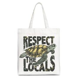 OrnamentallyYou - Respect the Locals Turtles Canvas Tote Bag, Retro Grunge Gift for Ocean and Beach Lovers - White