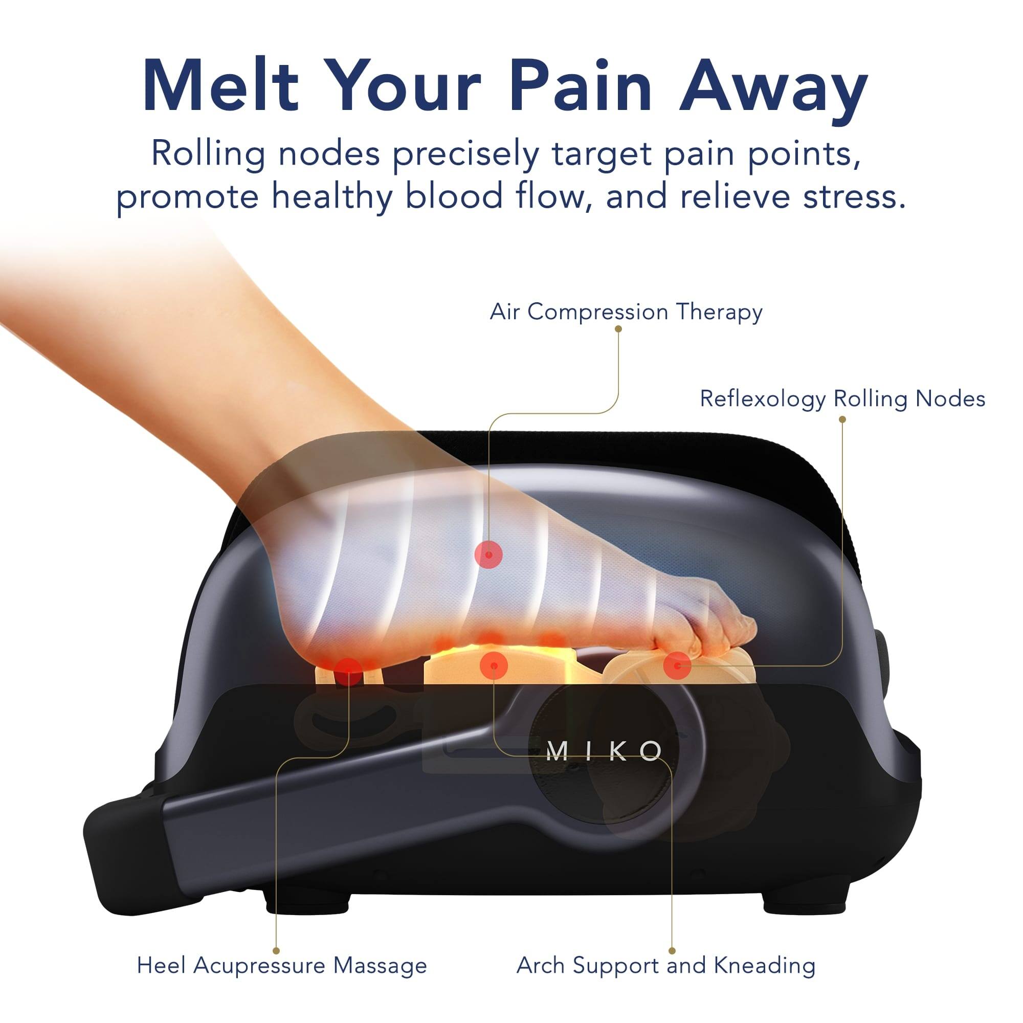 Melt Your Pain Away
Rolling nodes precisely target pain points, promote healthy blood flow, and relieve stress.
Air Compression Therapy
Reflexology Rolling Nodes
Heel Acupressure Massage
Arch Support and Kneading
MIKO