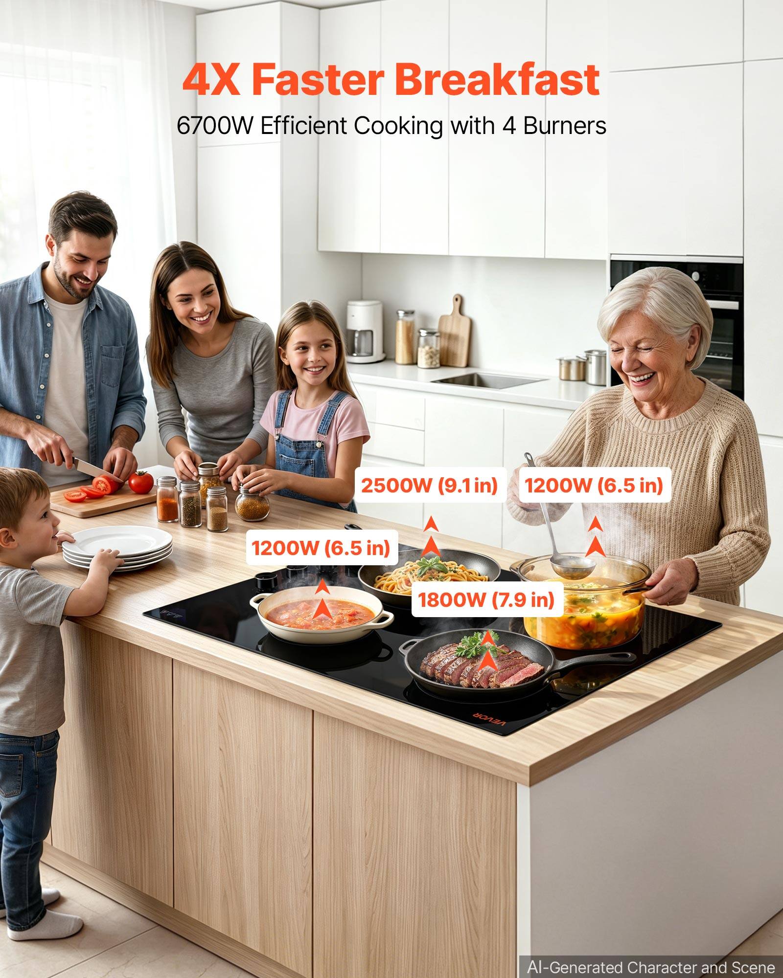 4X Faster Breakfast  
6700W Efficient Cooking with 4 Burners  
2500W (9.1in)  
1200W (6.5 in)  
1200W (6.5 in)  
1800W (7.9 in)  
VEVOR  
AI-Generated Character and Scene