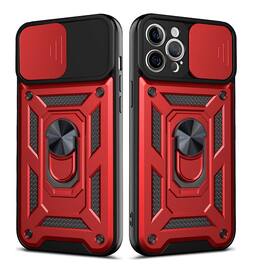 Reiko - iPhone 12 Pro Max Case with Kickstand Ring Holder, Slide Camera Cover, Shockproof TPU, Magnetic Car Mount - Red