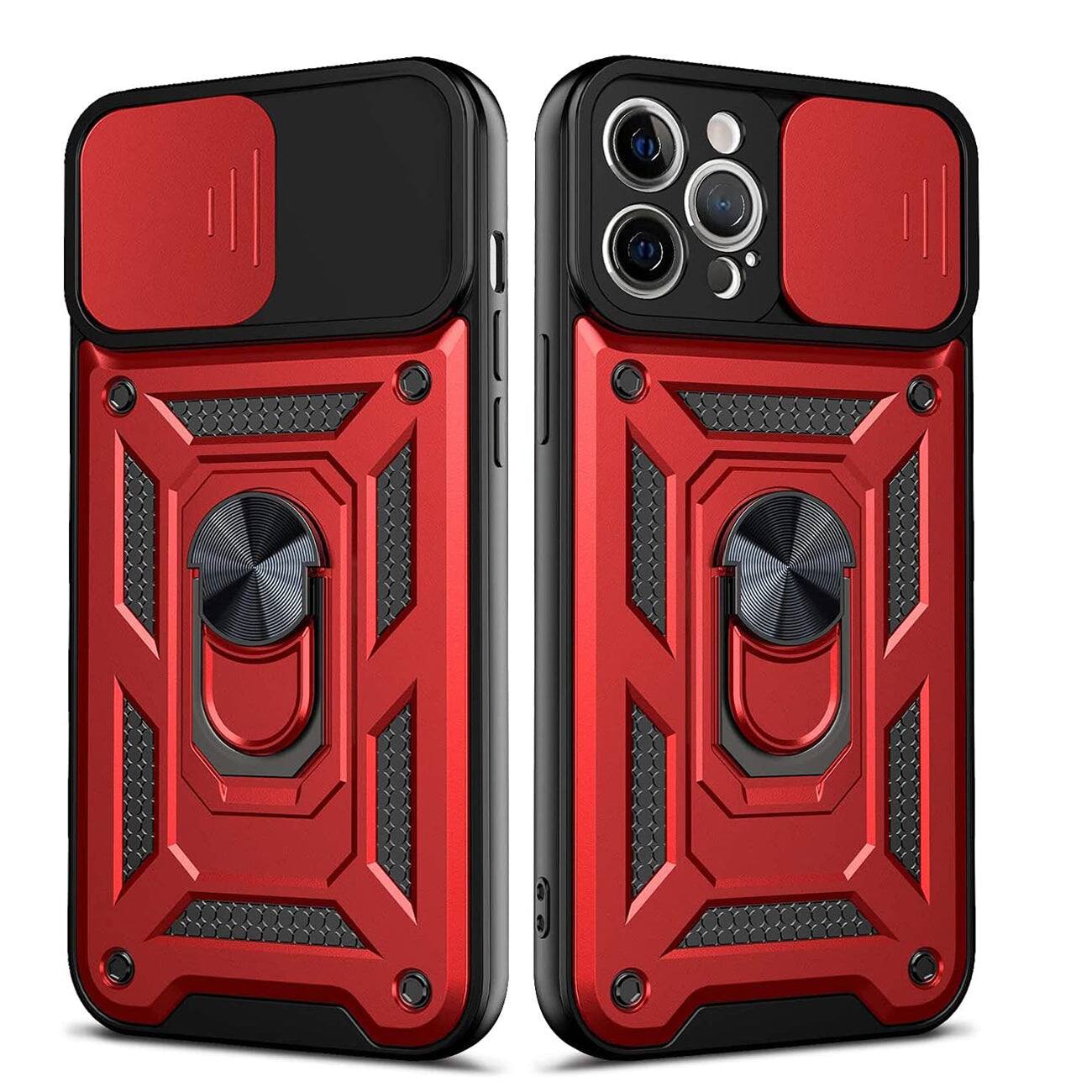Reiko - iPhone 12 Pro Max Case with Kickstand Ring Holder, Slide Camera Cover, Shockproof TPU, Magnetic Car Mount - Red