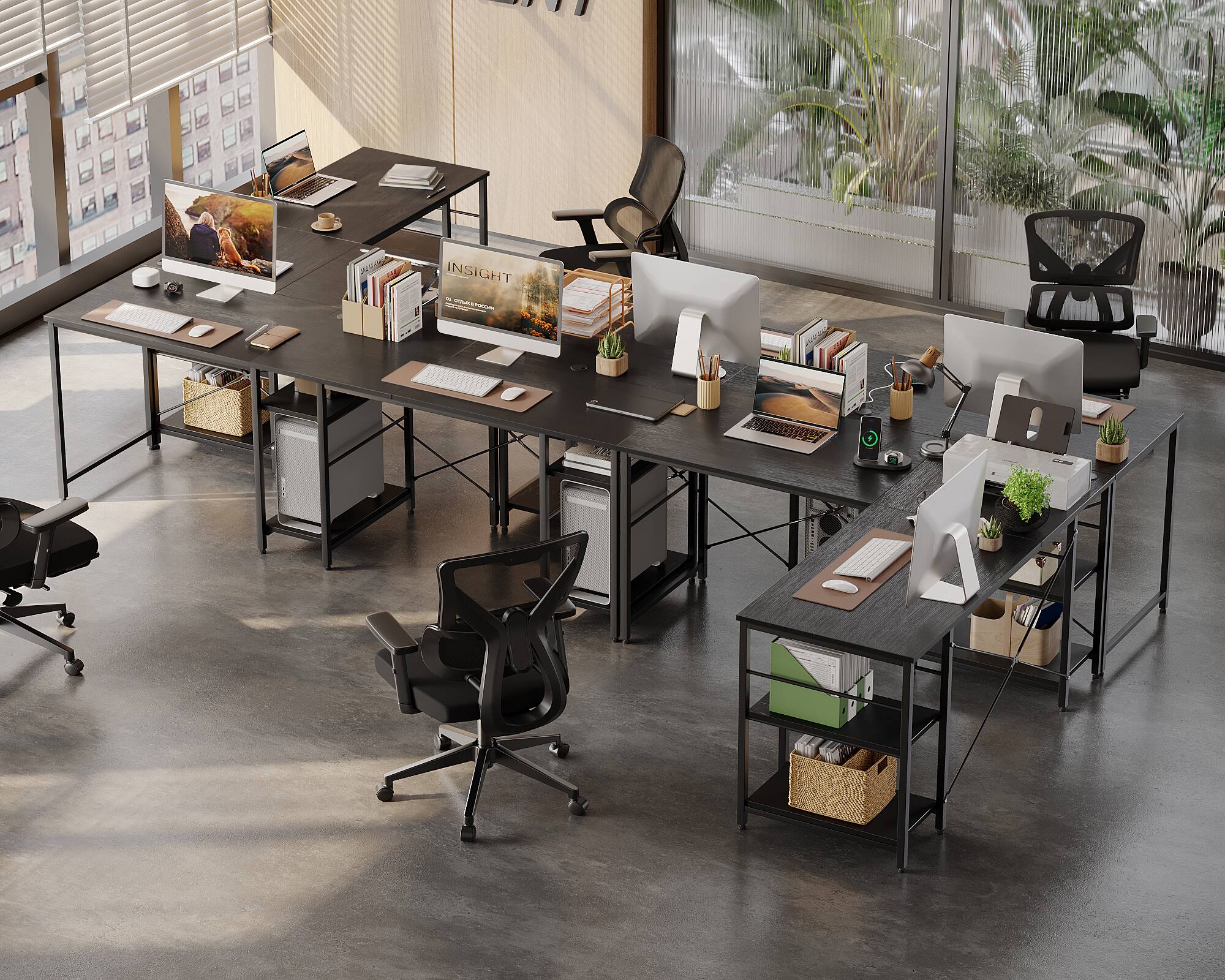 Back. Bestier - Bestier 59inch L Shaped Desk with Shelves Home Office Gaming Computer Desk - black.