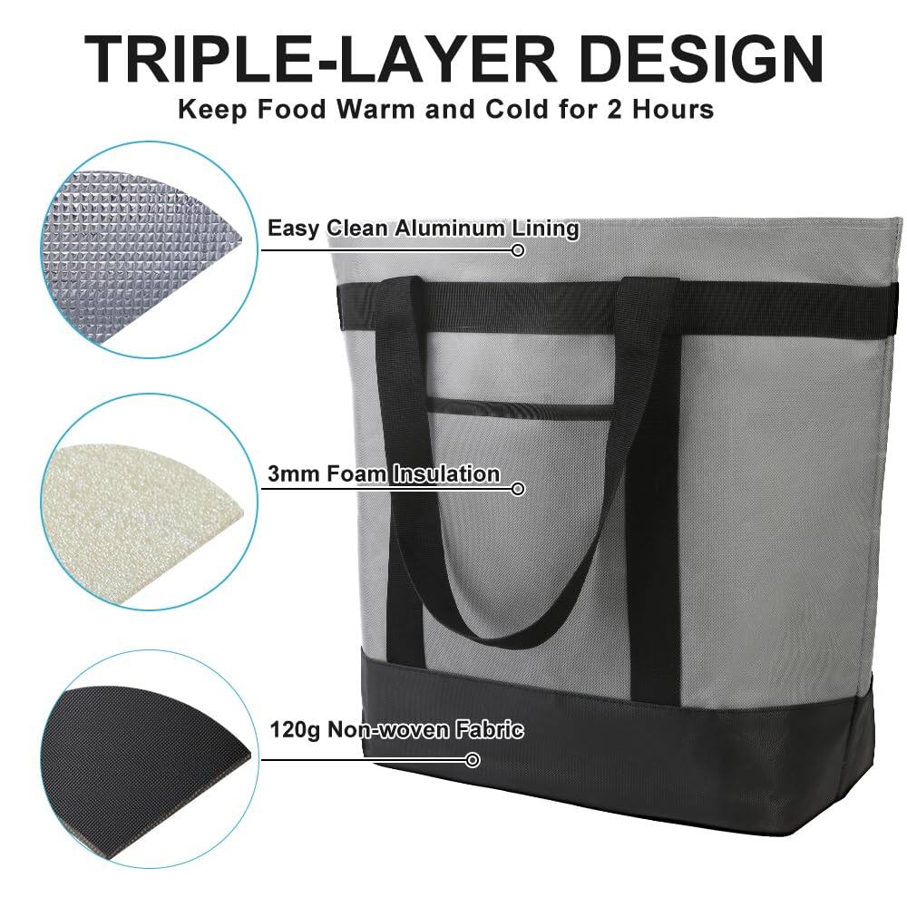 TRIPLE-LAYER DESIGN  
Keep Food Warm and Cold for 2 Hours  

- Easy Clean Aluminum Lining  
- 3mm Foam Insulation  
- 120g Non-woven Fabric