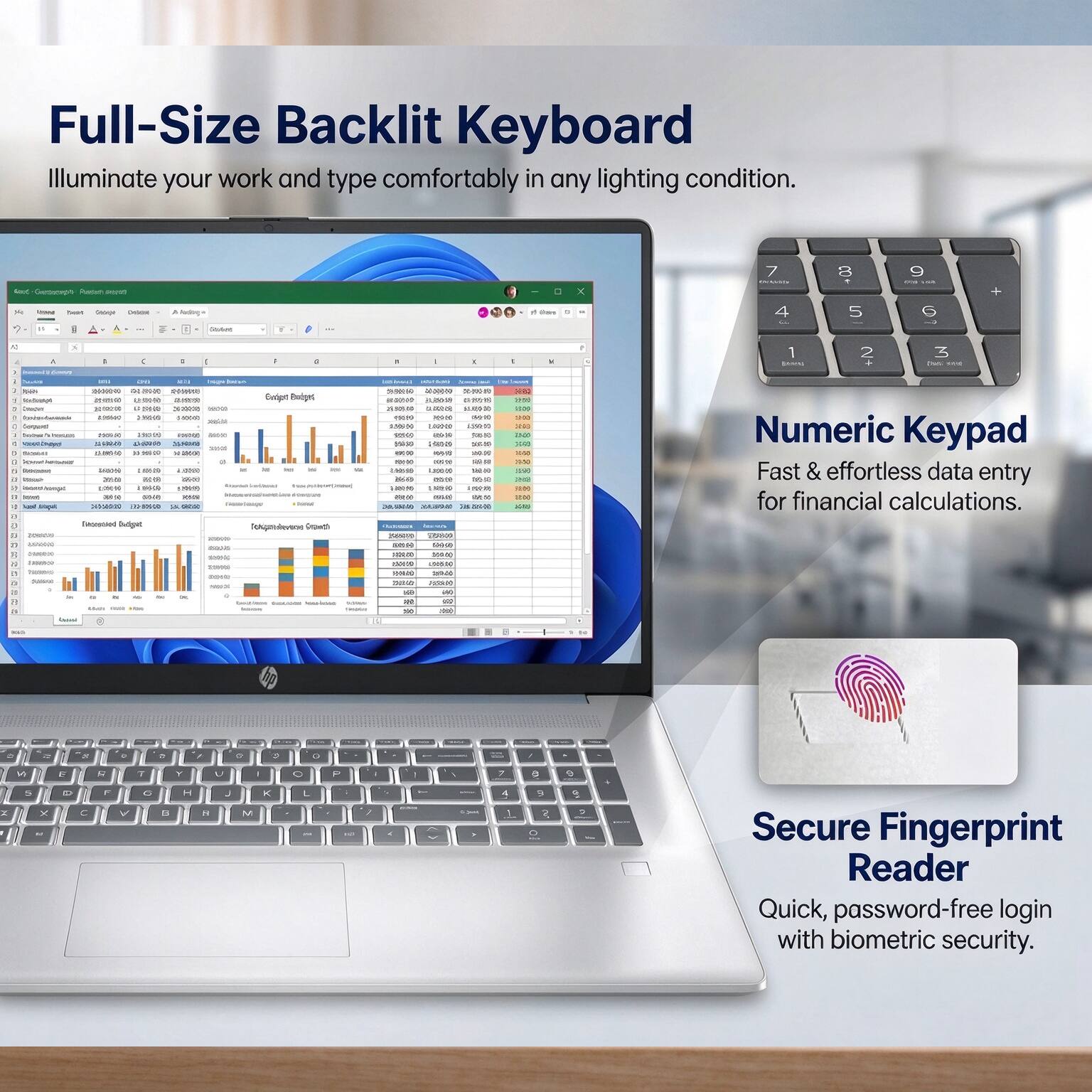 Full-Size Backlit Keyboard  
Illuminate your work and type comfortably in any lighting condition.

Numeric Keypad  
Fast & effortless data entry for financial calculations.

Secure Fingerprint Reader  
Quick, password-free login with biometric security.