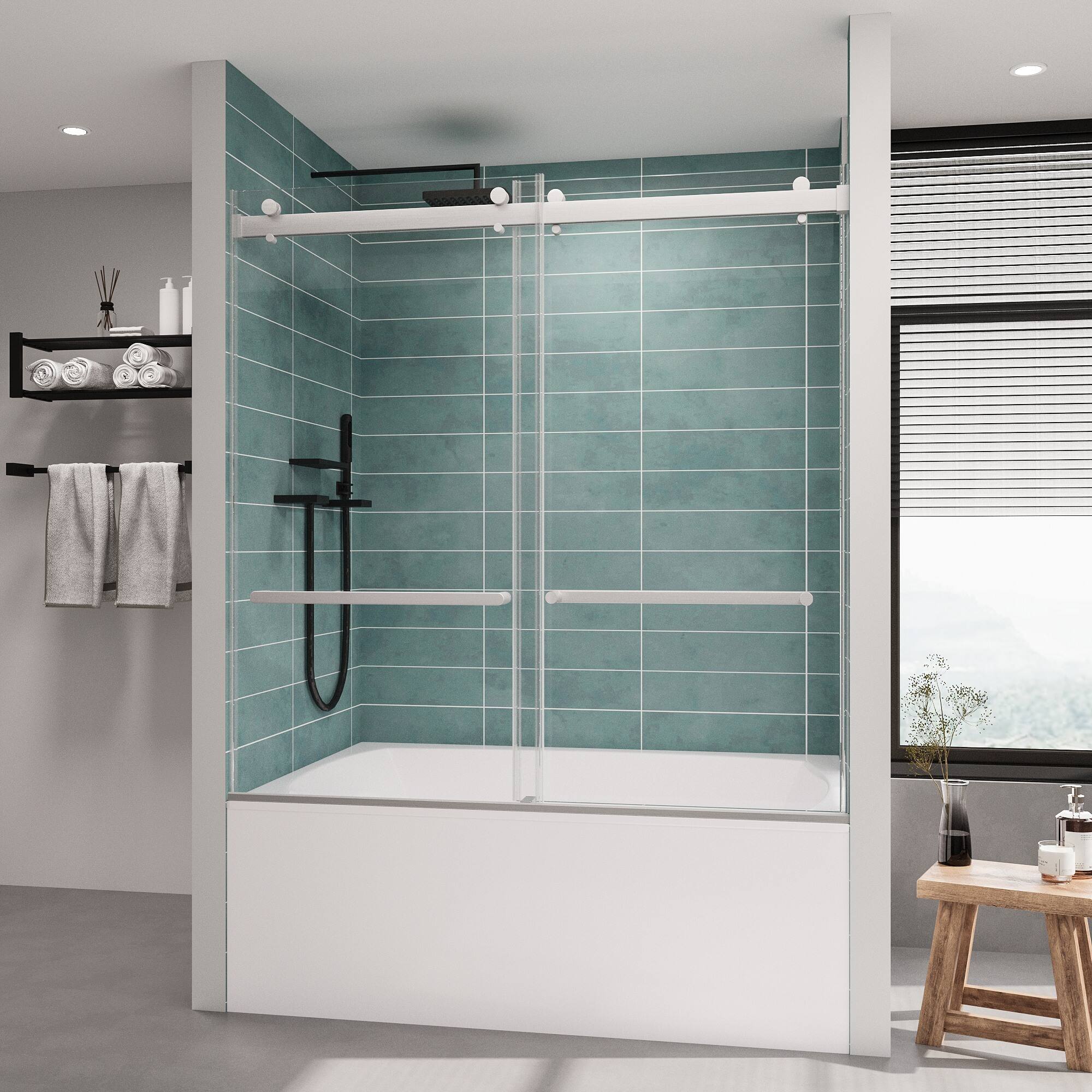 Front. LOVMOR - Frameless Bathtub Shower Doors 56-60 W x 60 H Double Sliding with Tempered Glass - Silver.