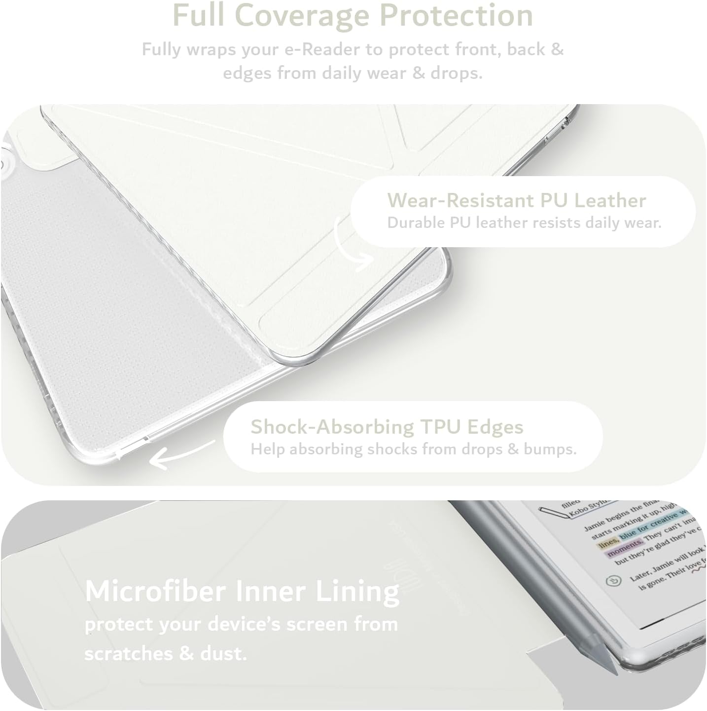 Full Coverage Protection  
Fully wraps your e-Reader to protect front, back & edges from daily wear & drops.

Wear-Resistant PU Leather  
Durable PU leather resists daily wear.

Shock-Absorbing TPU Edges  
Help absorbing shocks from drops & bumps.

Microfiber Inner Lining  
Protect your device's screen from scratches & dust.

Stylist Kobo the u.  
W begins creative Jamie marking Ima starts Dox can't 've 4 blue Thvey Over lines, moments.  
te Bad they will look but N Jamie love ~ Later, Their D gone.  
is