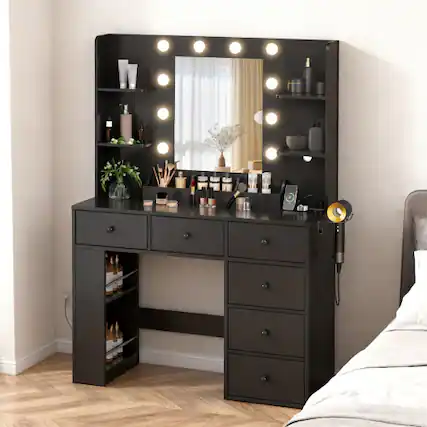 Front. Winado - 6 Drawers Vanity Dressing Table Wooden LED Light Mirror Power Port, Hidden Storage Side Shelves Xmas Gift - Black.