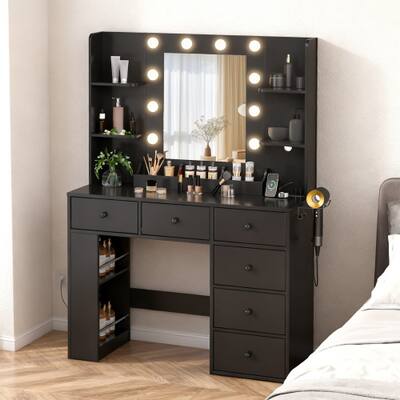 Winado 6 Drawers Vanity Dressing Table Wooden LED Light Mirror Power Port, Hidden Storage Side Shelves Xmas Gift Black G52008354 - Best Buy Winado 6 Drawers Vanity Dressing Table Wooden LED Light Mirror Power Port, Hidden Storage Side Shelves Xmas Gift Black G52008354 - Best Buy