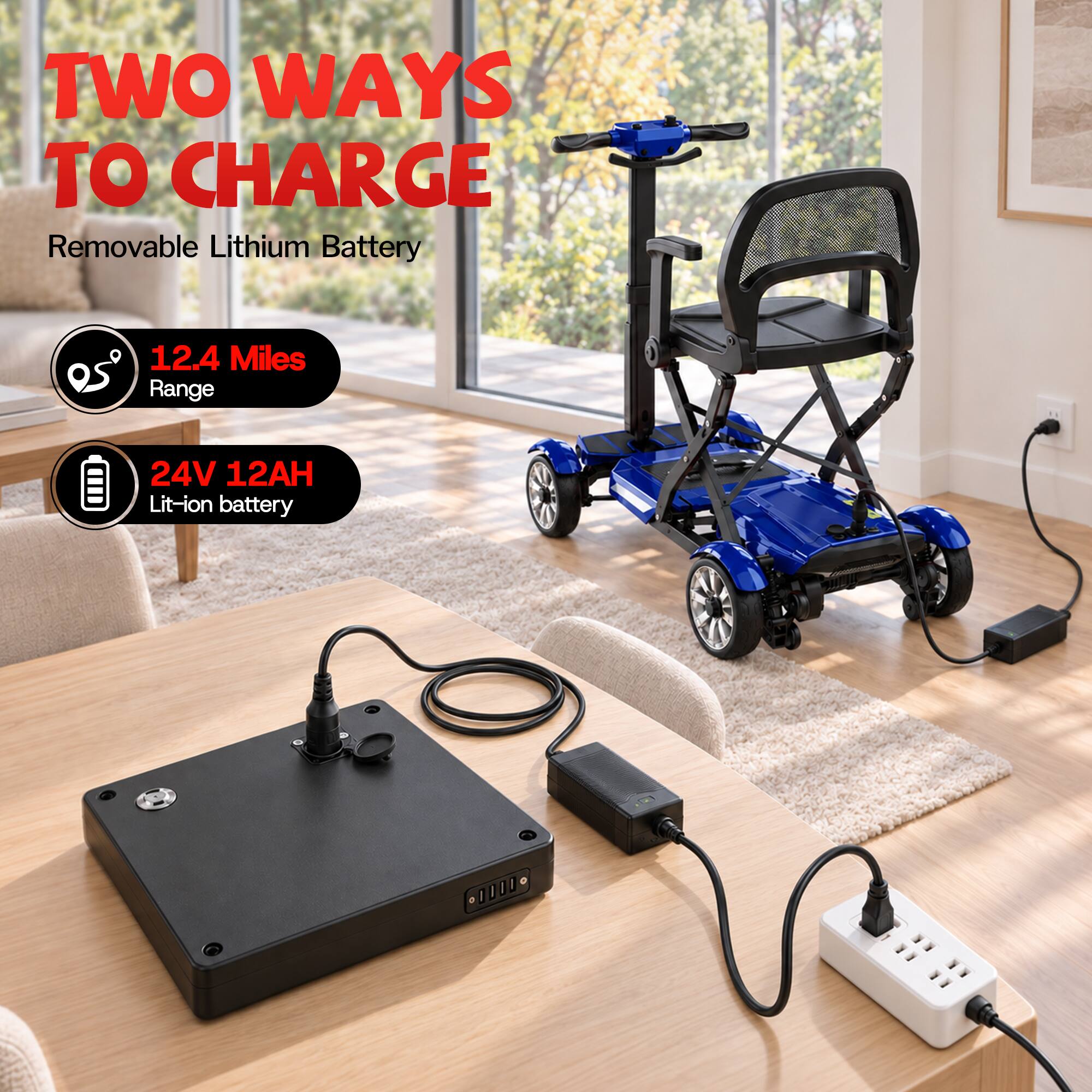 TWO WAYS TO CHARGE  
Removable Lithium Battery  
12.4 Miles Range  
24V 12AH Lit-ion battery