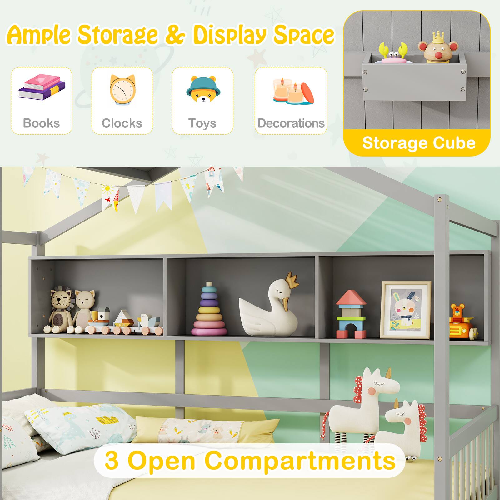 Ample Storage & Display Space  
Books  
Clocks  
Toys  
Decorations  
Storage Cube  

3 Open Compartments
