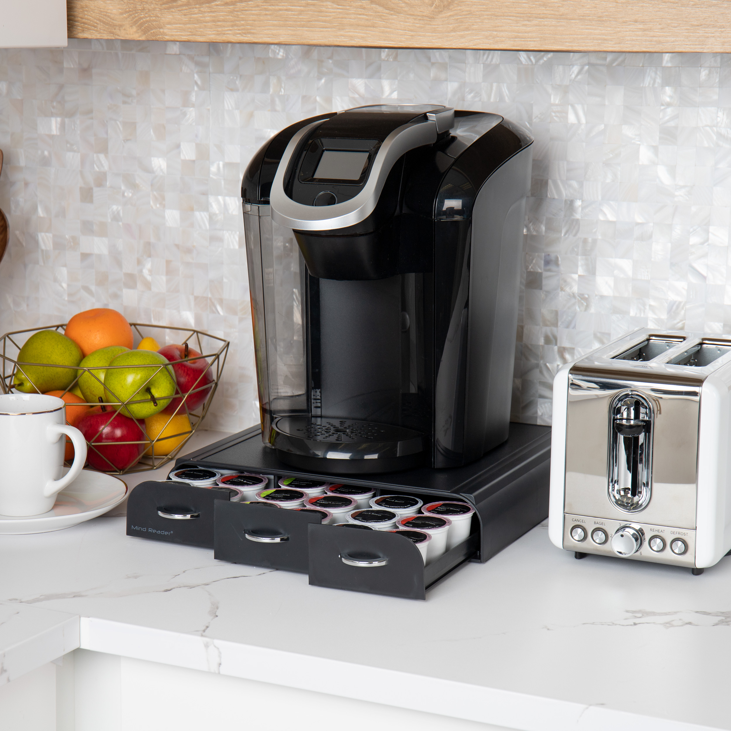 Left View: Mind Reader - Single Serve Coffee Pod Organizer with 3 Drawers, 36 Pod Capacity, 13.5"L x 12.25"W x 2.5"H - Black