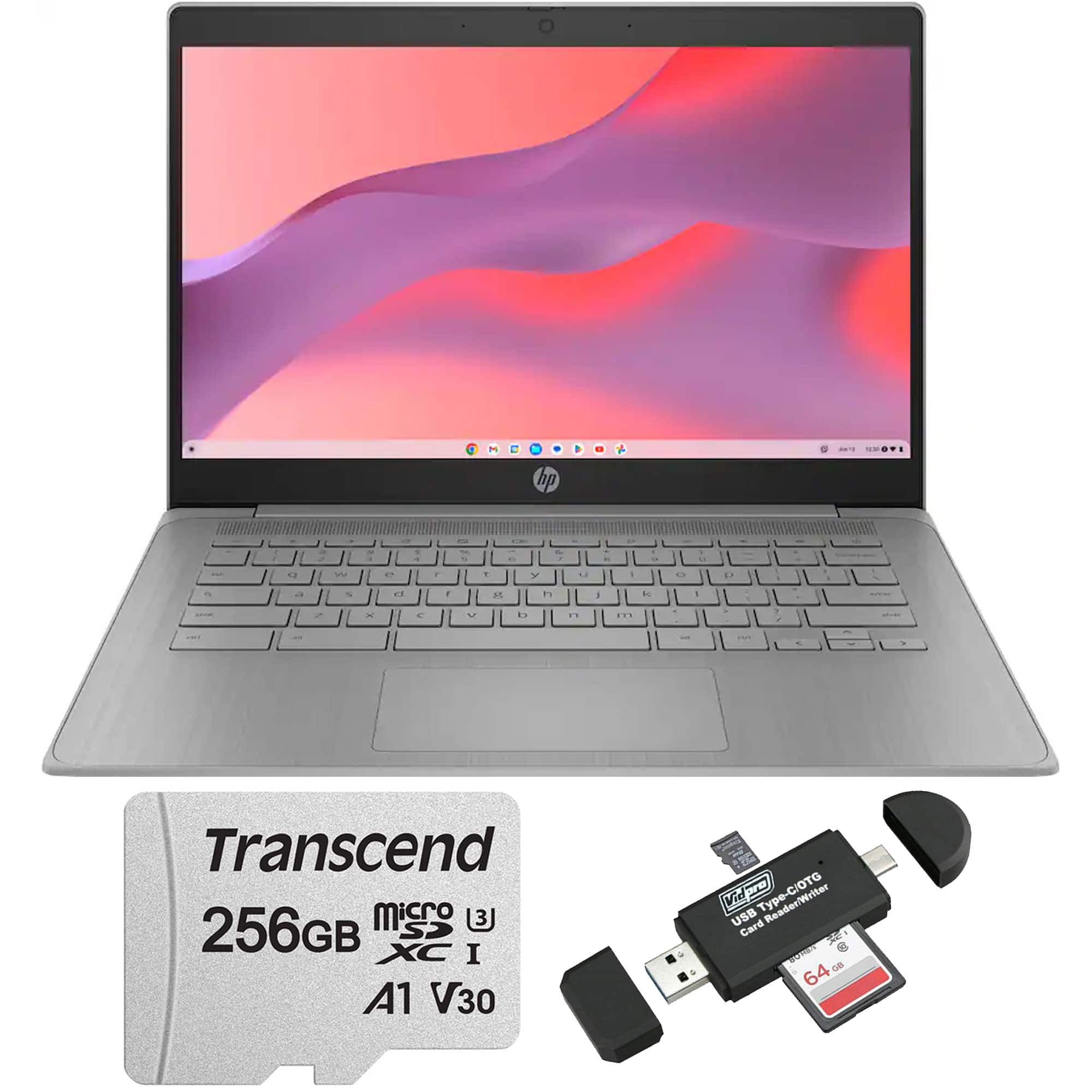 HP - Chromebook 14" HD Laptop 4GB Memory, 64GB eMMC with 256GB Card + Card Reader - Gray