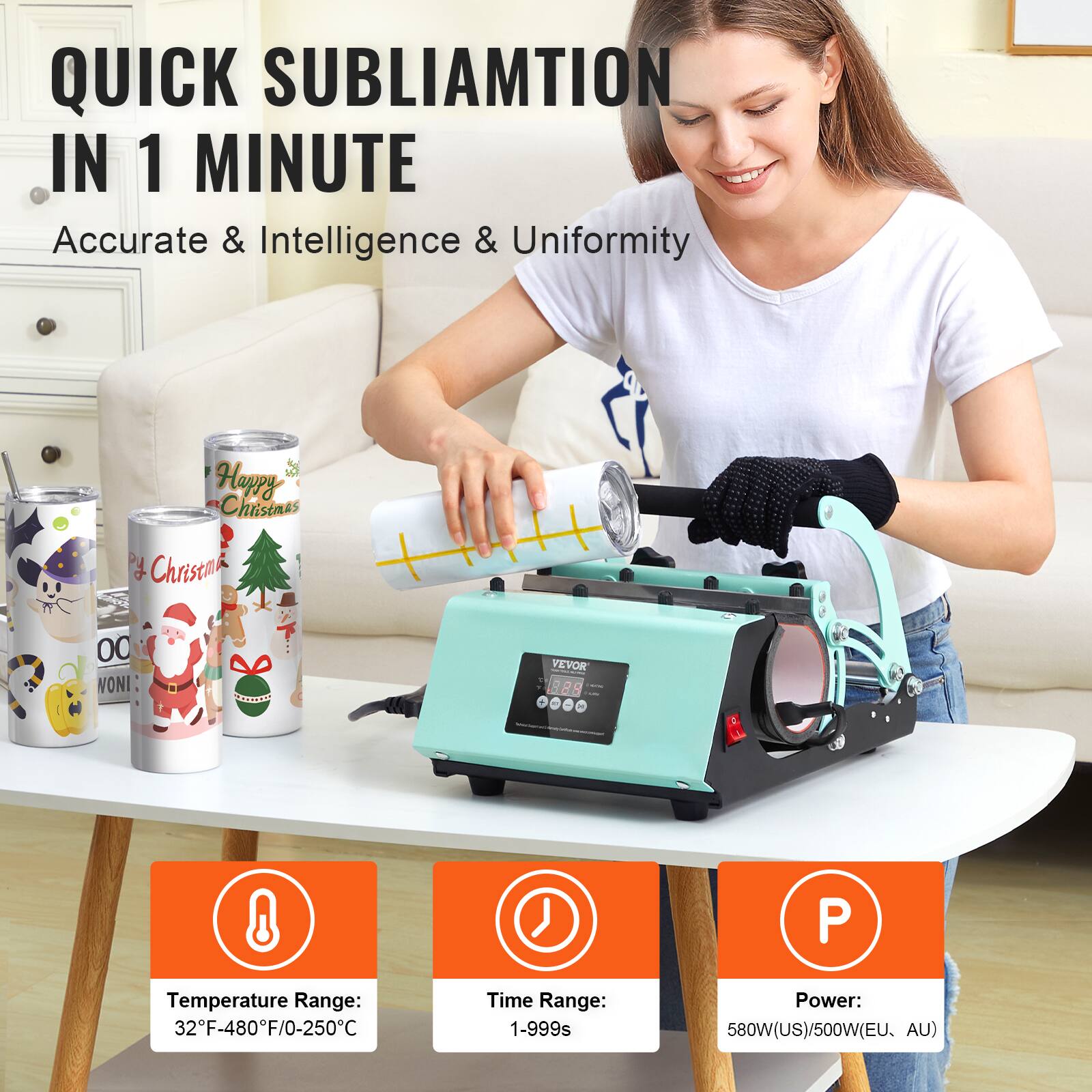 QUICK SUBLIMATION IN 1 MINUTE  
Accurate & Intelligence & Uniformity  

Temperature Range: 32°F-480°F/0-250°C  
Time Range: 1-999s  
Power: 580W(US)/500W(EU, AU)