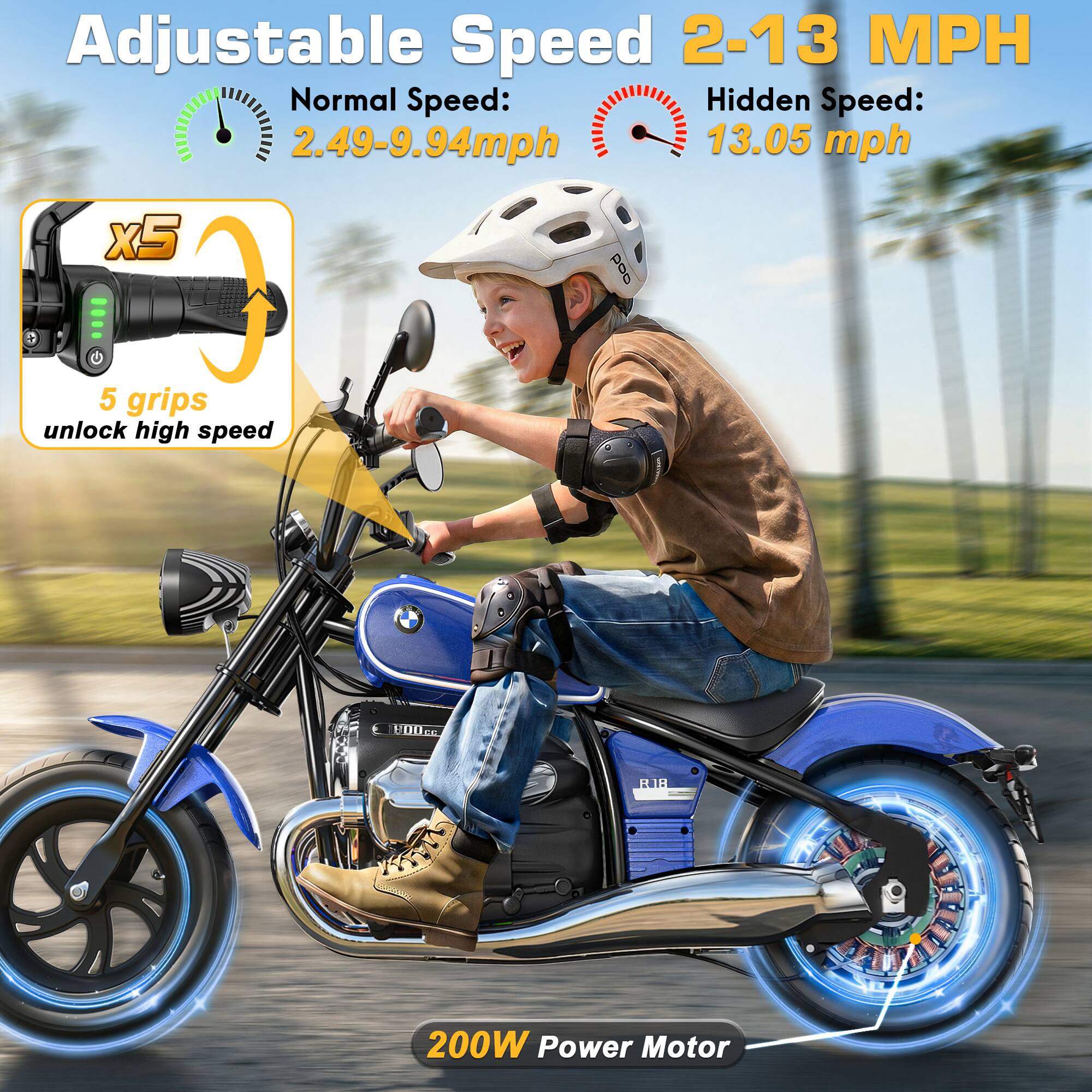 Adjustable Speed 2-13 MPH  
Normal Speed: 2.49-9.94mph  
Hidden Speed: 13.05 mph  
x5  
5 grips unlock high speed  
200W Power Motor