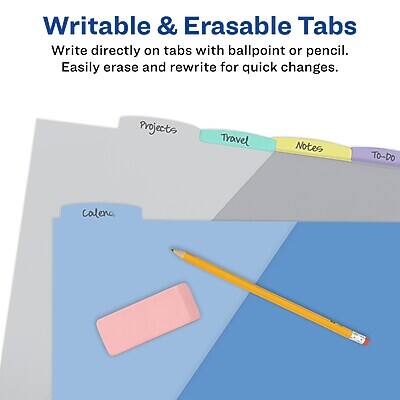 Writable & Erasable Tabs  
Write directly on tabs with ballpoint or pencil.  
Easily erase and rewrite for quick changes.  

Projects  
Travel  
Notes  
To-do  

Calena