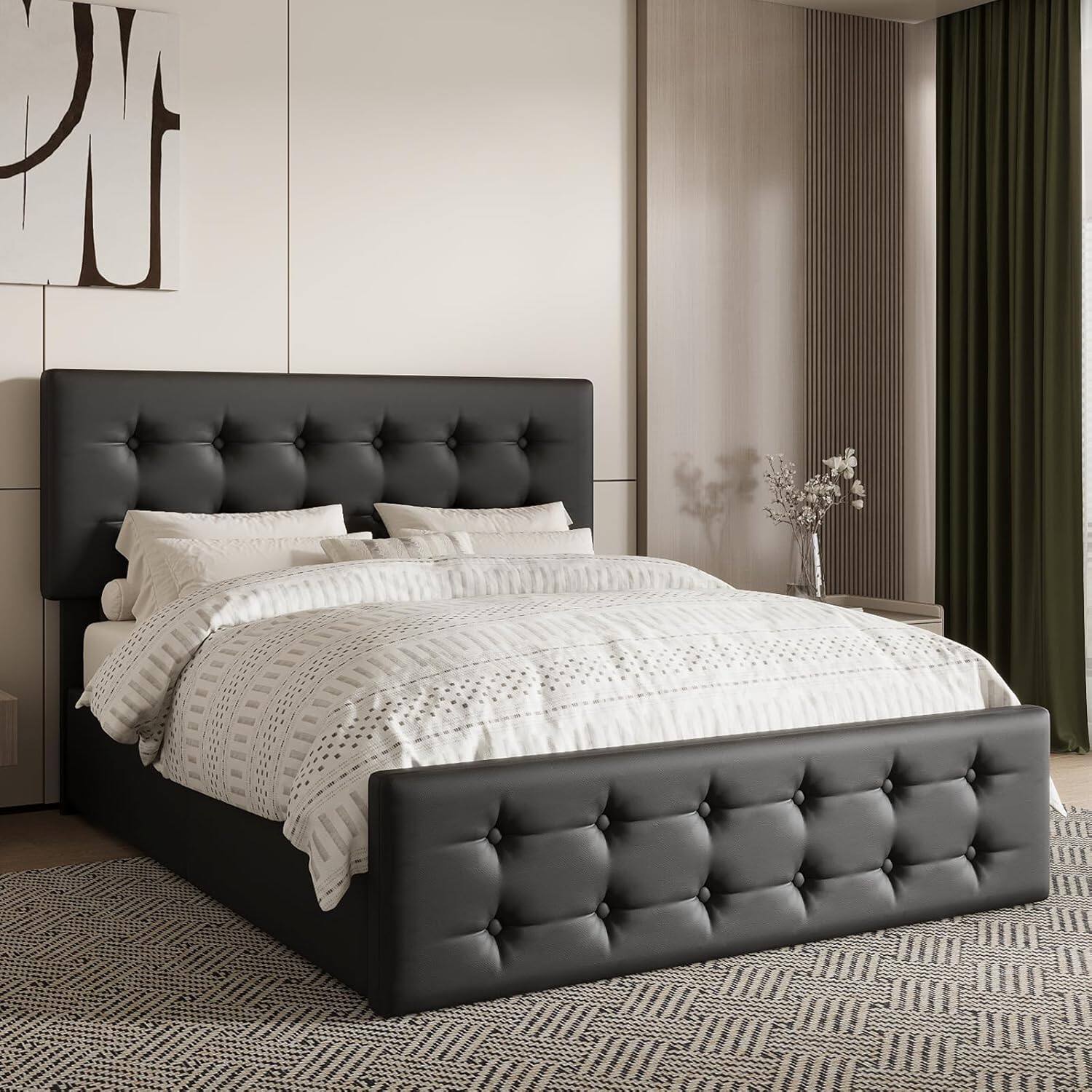 Back. Babevy - Full/Queen/King Bed Frame with 4 Drawers & Adjustable Headboard, Faux Leather Upholstered Mattress Foundation - Black.