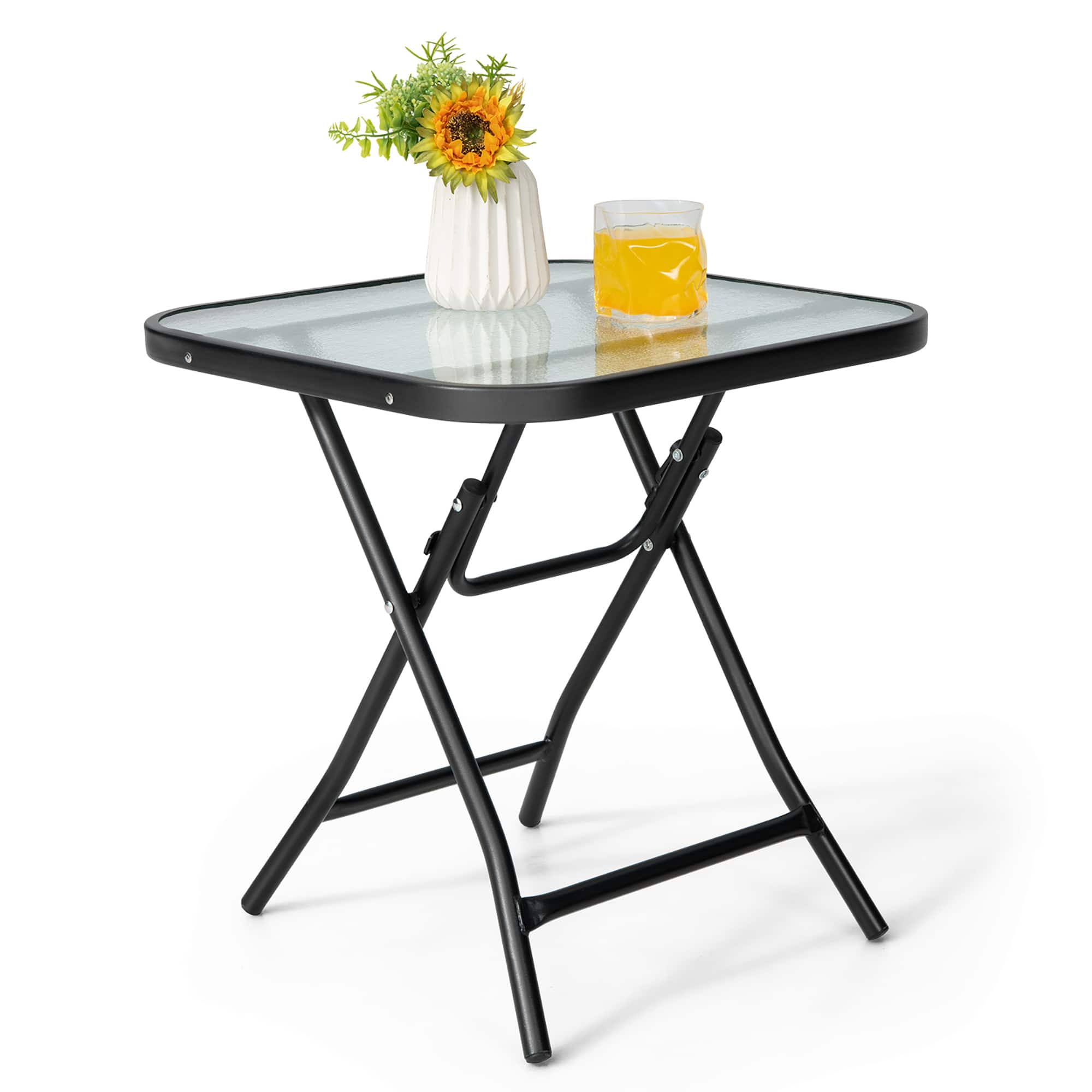 Gymax - 18'' Foldable Patio Side Table Square Coffee Bistro Table w/ Tempered Glass Table Top - Black