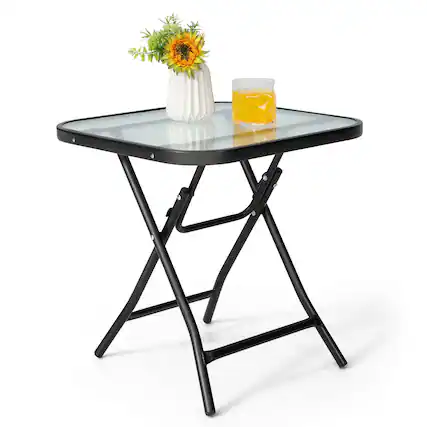Front. Gymax - Gymax 18'' Foldable Patio Side Table Square Coffee Bistro Table w/ Tempered Glass Table Top - Black.