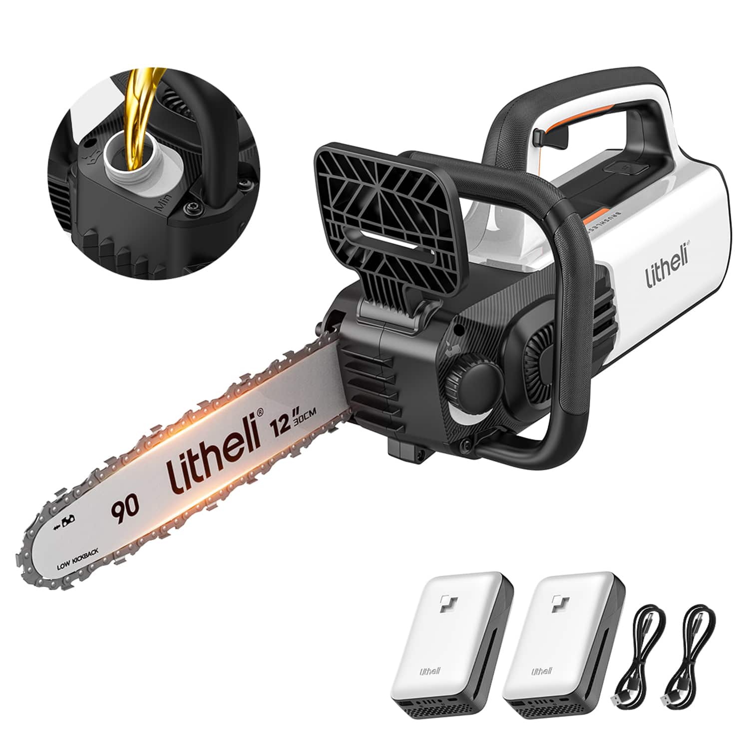 Litheli - 12" Brushless Electric Battery Chainsaw, Chain Saw with 2 x 20V MAX 2.0Ah Battery，Cordless Handheld Battery Power - ORANGE AND WHITE
