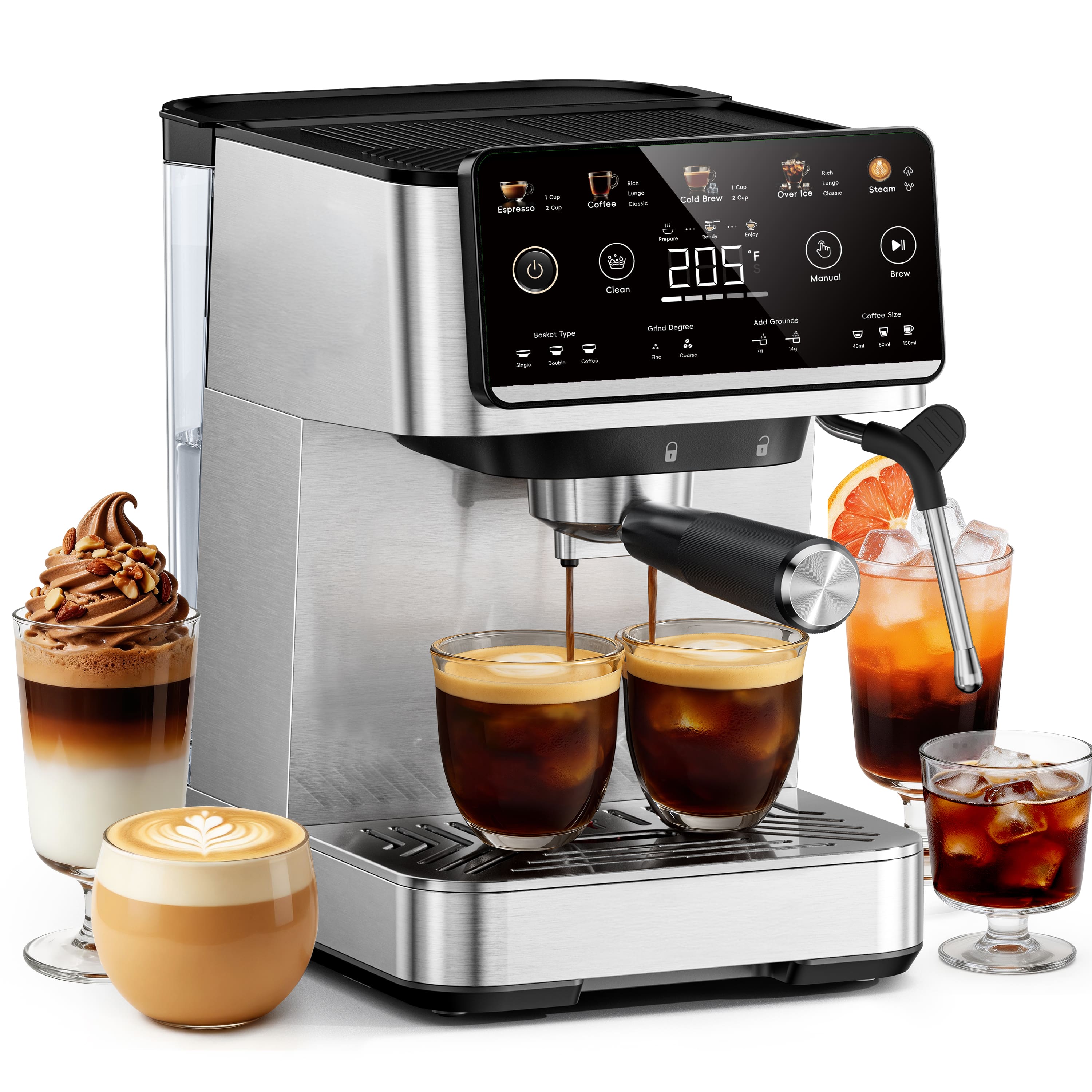 Ecozy - 4-in-1 Espresso, Coffee, Cold Brew, Over Ice Machine with Milk Frother, Interactive Touch Screen, Brezzano Elite Series - Stainless Steel