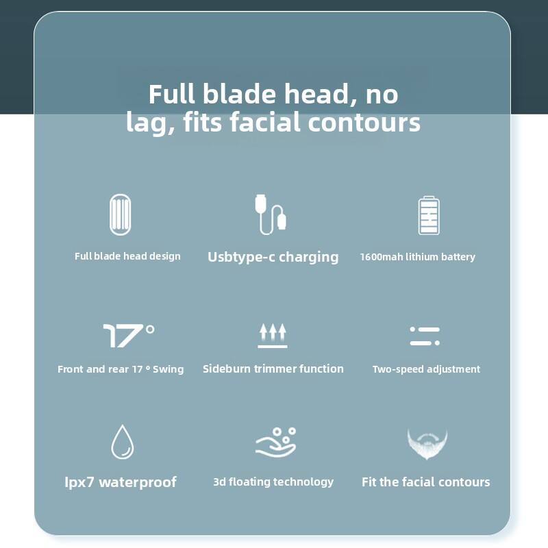 Full blade head, no lag, fits facial contours

- Full blade head design
- Usbtype-c charging
- 1600mah lithium battery
- Front and rear 17° Swing
- Sideburn trimmer function
- Two-speed adjustment
- Ipx7 waterproof
- 3d floating technology
- Fit the facial contours