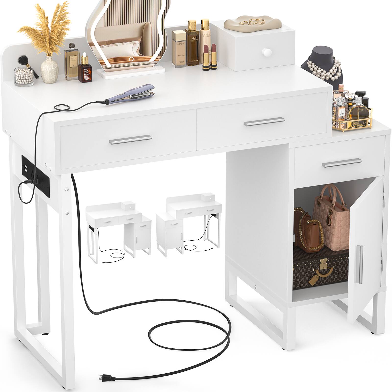 Alt View 1. Aheaplus - Vanity Desk With 4 Drawers and Cabinet, Small Makeup Vanity Table With Charge Station for Apartment/Dorm/Bedroom - White.