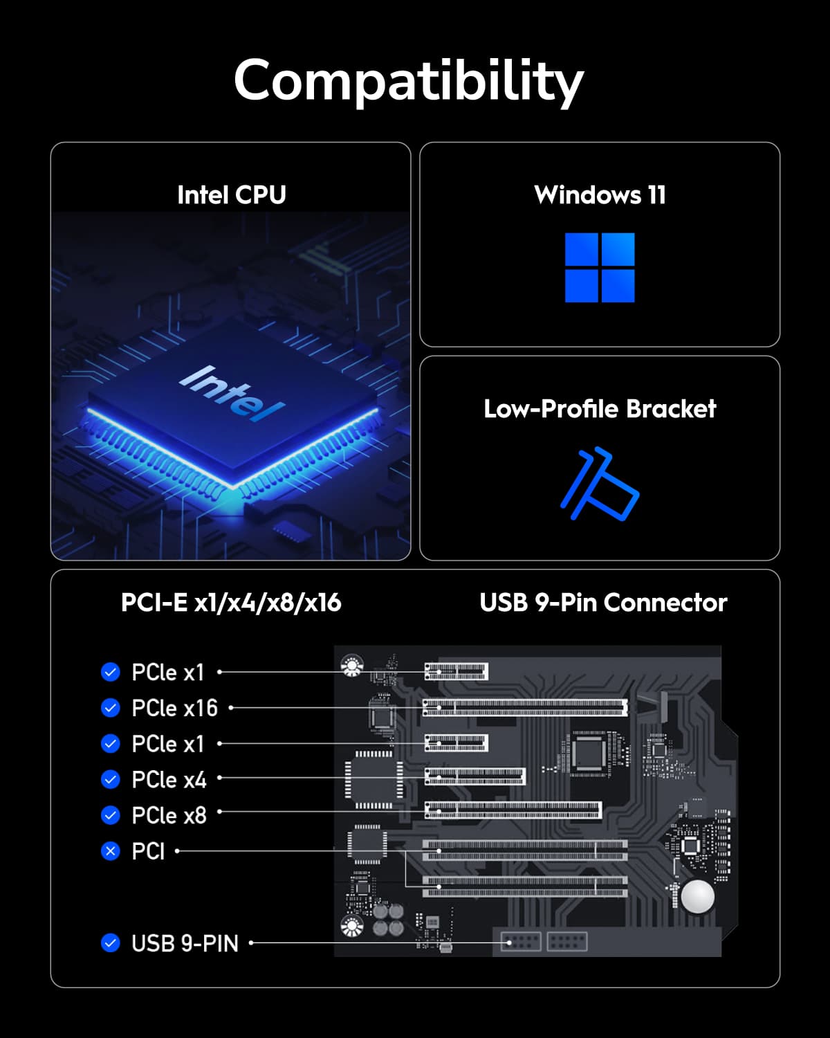 Compatibility: Intel CPU, Windows 11, Intel Low-Profile Bracket, PCI-E x1/x4/x8/x16, USB 9-Pin Connector, PCle x1, PCle x16, PCle x1, PCle x4, PCle x8, x PCI, USB 9-PIN.