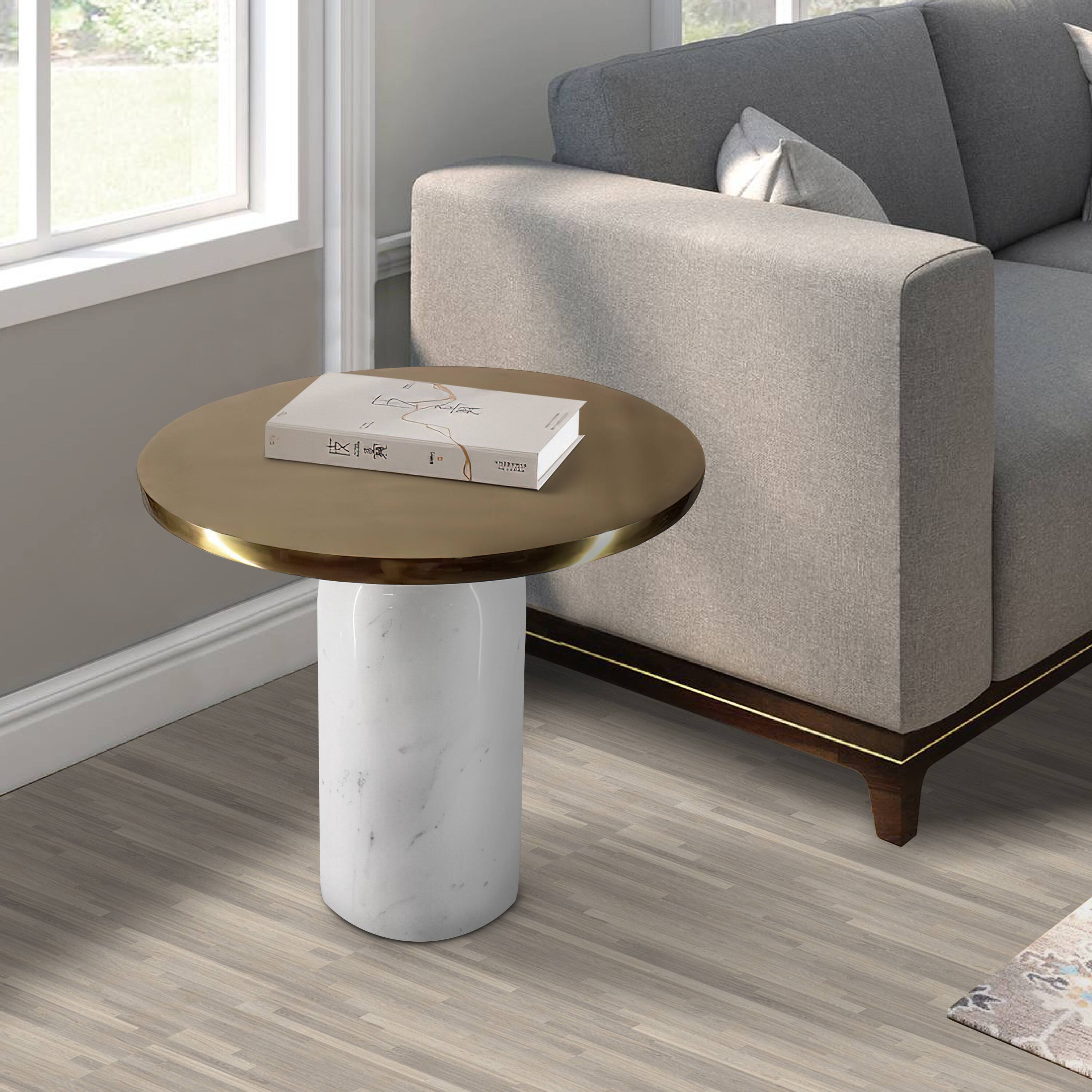 Alt View 9. Manhattan Lane - 17 Inch Round Brass Modern Accent End Table with Cylindrical Marble Base - Brass, White.