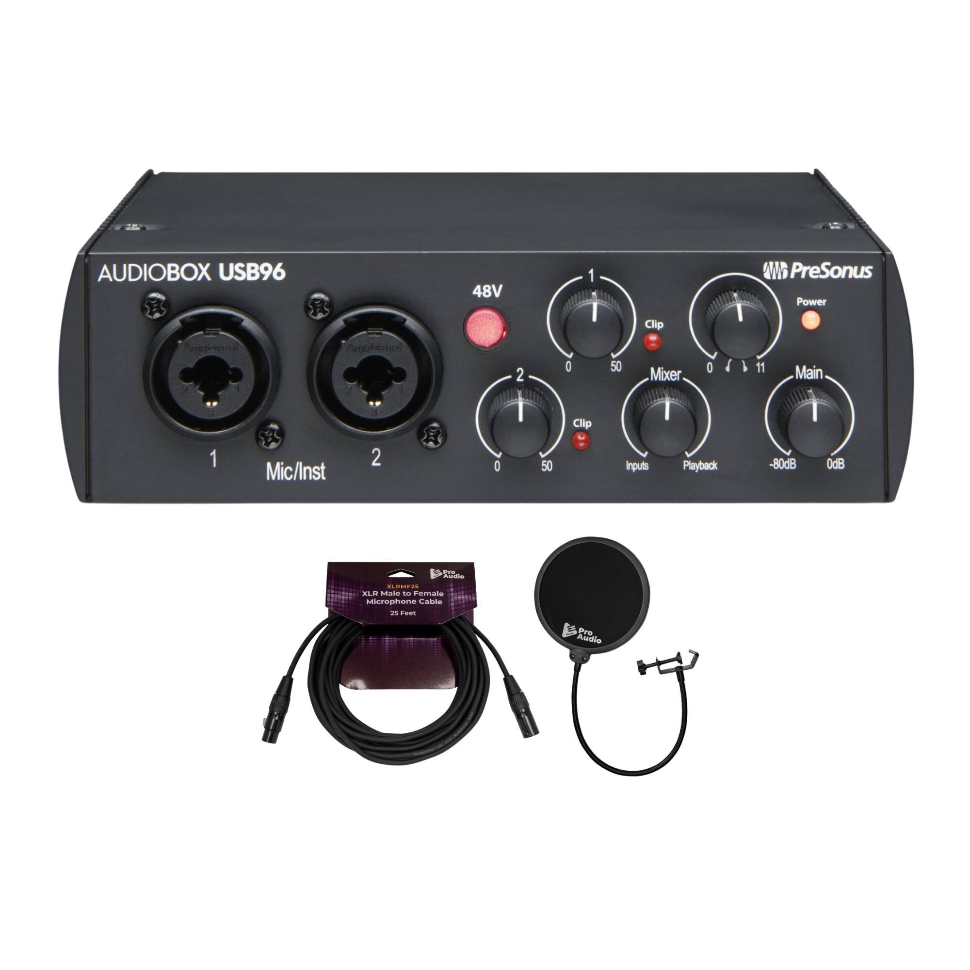 AUDIOBOX USB96  
48V  
1 Mic/Inst  
2 Mic/Inst  
Clip  
Mixer  
Main  
Inputs  
Playback  
-80dB  
0dB  
Power  
PreSonus  

Pro Audio  
Microphone Cable  
25 Feet