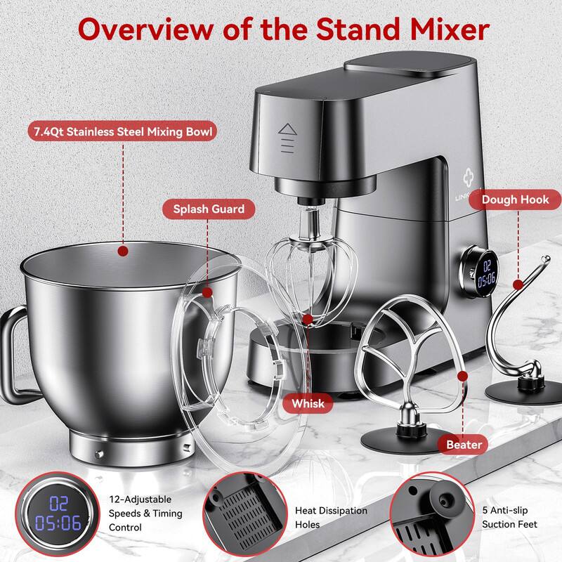 Overview of the Stand Mixer

- 7.4Qt Stainless Steel Mixing Bowl
- Splash Guard
- Dough Hook
- Whisk
- Beater
- 12-Adjustable Speeds & Timing Control
- Heat Dissipation Holes
- 5 Anti-slip Suction Feet