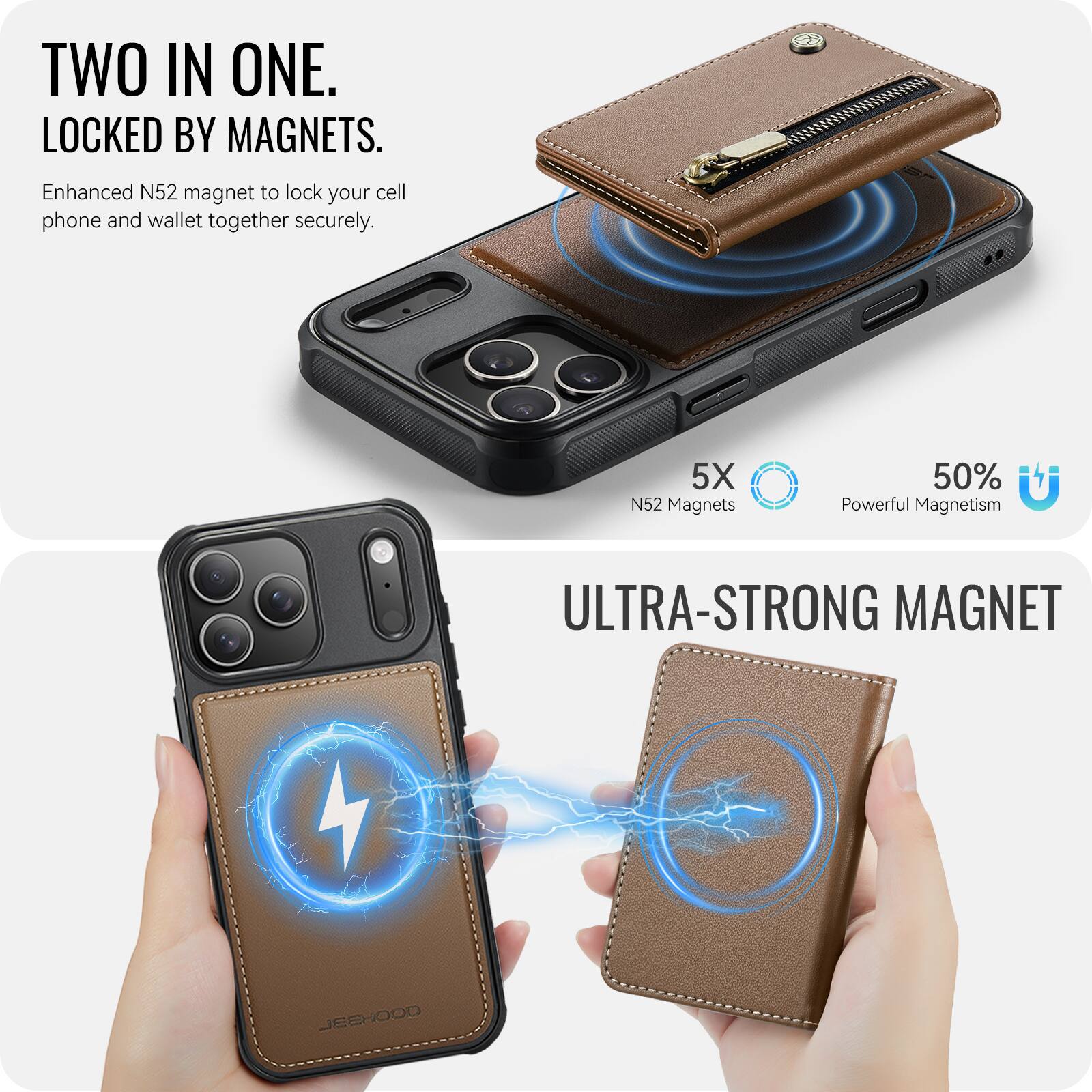 TWO IN ONE.  
LOCKED BY MAGNETS.  

Enhanced N52 magnet to lock your cell phone and wallet together securely.  

5X N52 Magnets  
50% Powerful Magnetism  

ULTRA-STRONG MAGNET