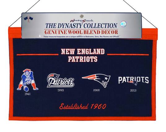 **Winning Streak**
**THE DYNASTY COLLECTION**
**GENUINE WOOL BLEND DECOR**
These treasured keepsakes are a unique addition to Bedrooms, Dens, Rec Rooms and Offices!
**NEW ENGLAND PATRIOTS**
1961
1993
2000
2013
**Established 1960**