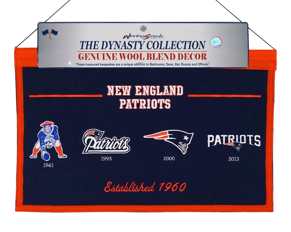 **Winning Streak**  
**THE DYNASTY COLLECTION**  
**GENUINE WOOL BLEND DECOR**  
These treasured keepsakes are a unique addition to Bedrooms, Dens, Rec Rooms and Offices!  

**NEW ENGLAND PATRIOTS**  
1961  
1993  
2000  
2013  

**Established 1960**