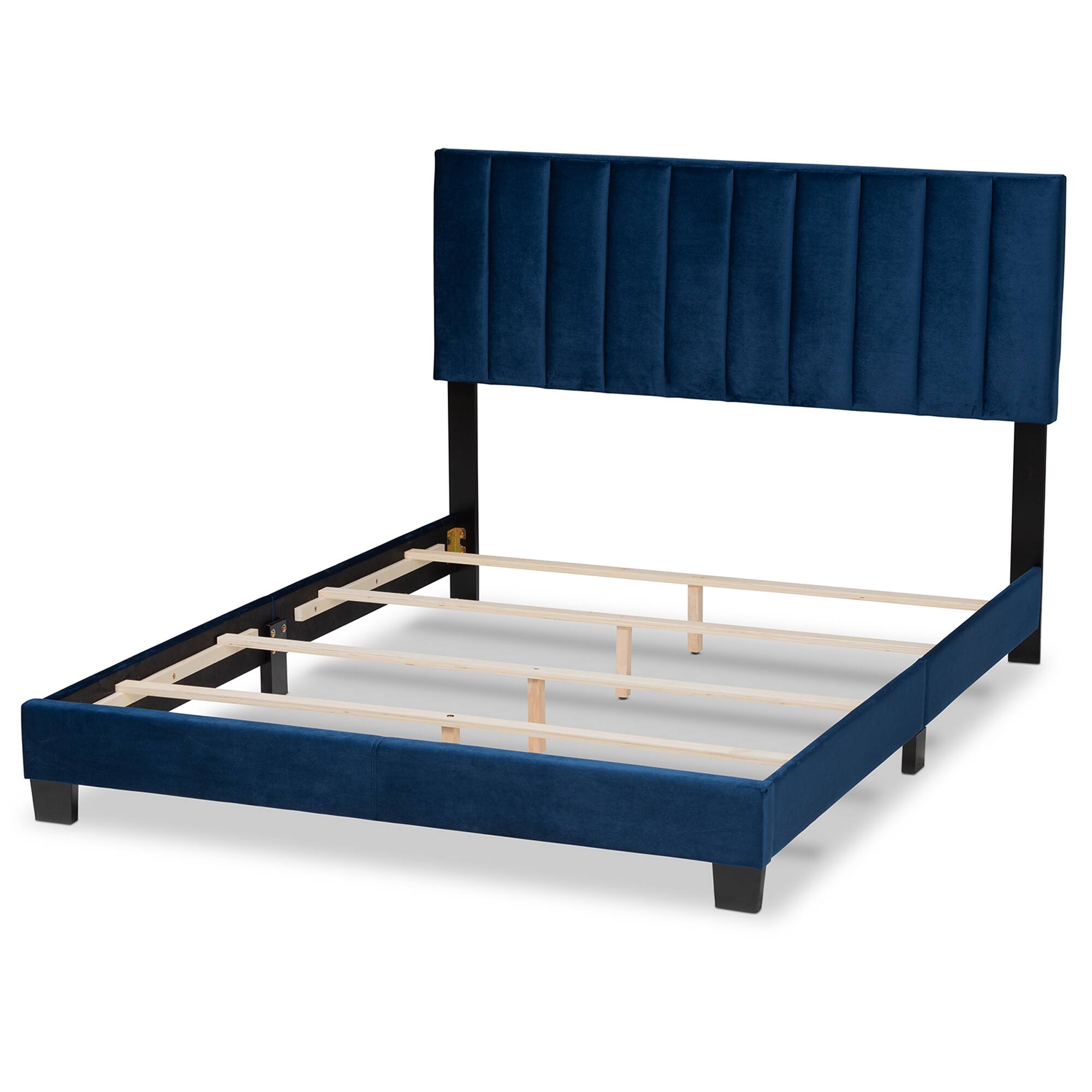 Left. Baxton Studio - Clare Glam and Luxe Velvet Fabric Upholstered Panel Bed with Channel Tufted Headboard - Navy Blue/Black.