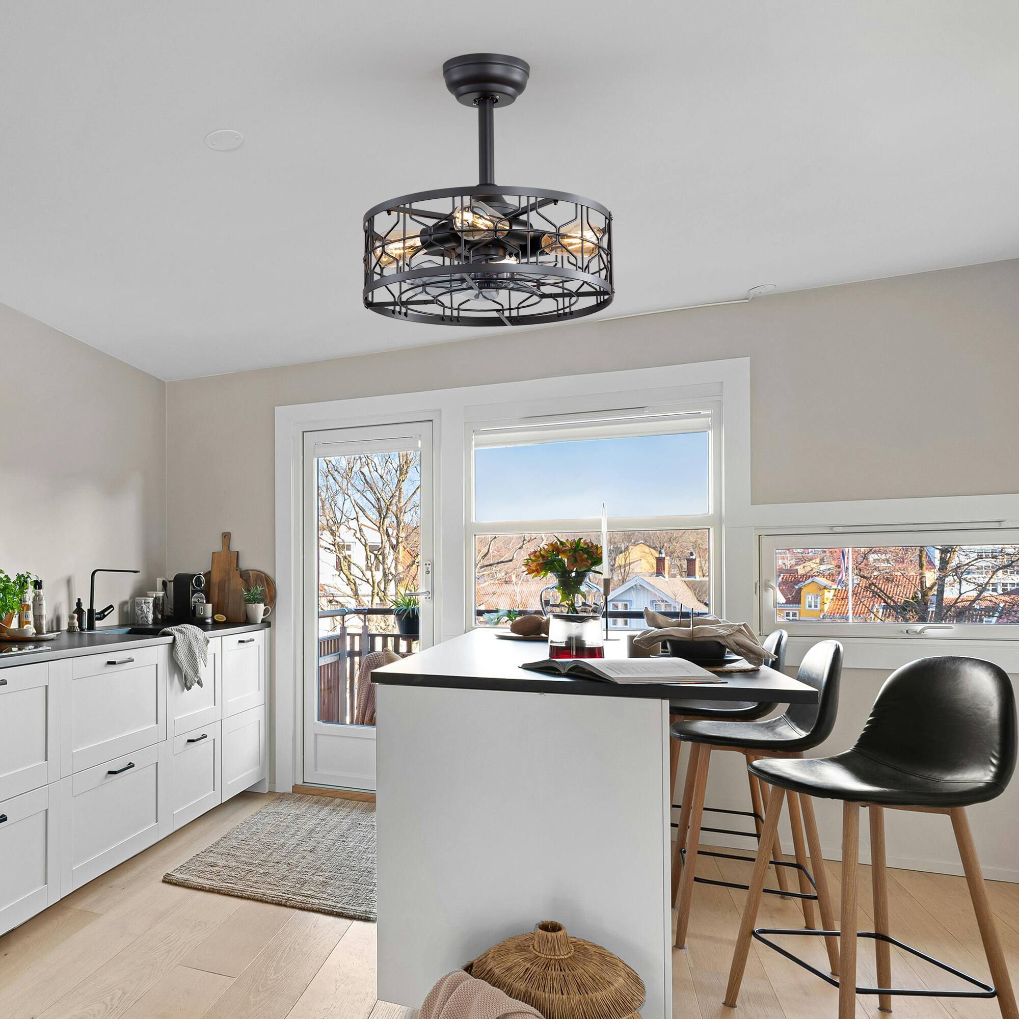 Alt View 2. Breezary - Breezary 20'' Small Caged Ceiling Fan with with Light Kit and Remote, KD Version, 7 ABS Blades, 6-Speed DC Motor, Timer - Matte Black.