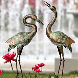 Refined Abode Design - Garden Crane Statues Blue Heron Sculptures For Outdoor Cranes Decor Metal Bird Patina Art Lawn Ornaments Yard