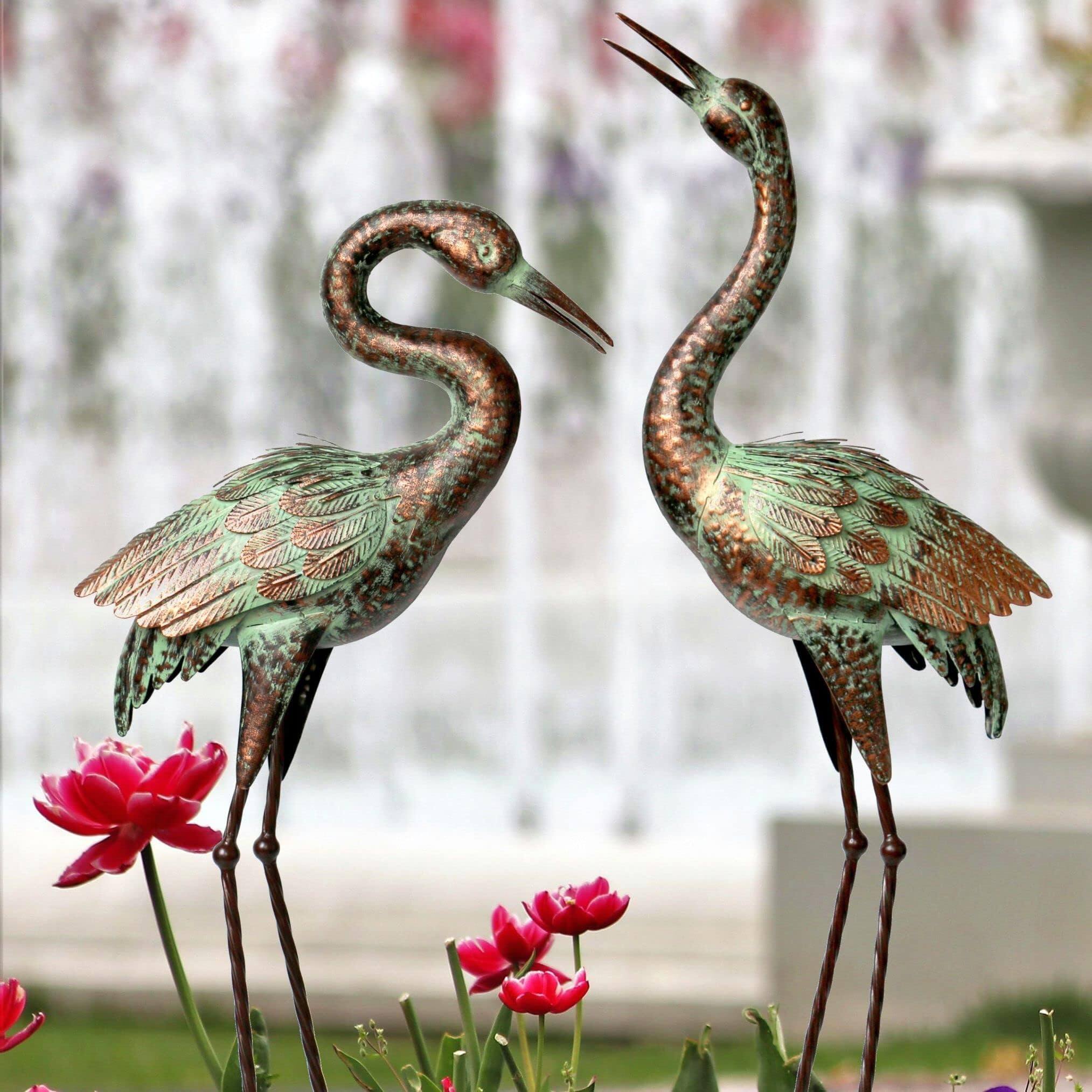 Front. Refined Abode Design - Garden Crane Statues Blue Heron Sculptures For Outdoor Cranes Decor Metal Bird Patina Art Lawn Ornaments Yard.
