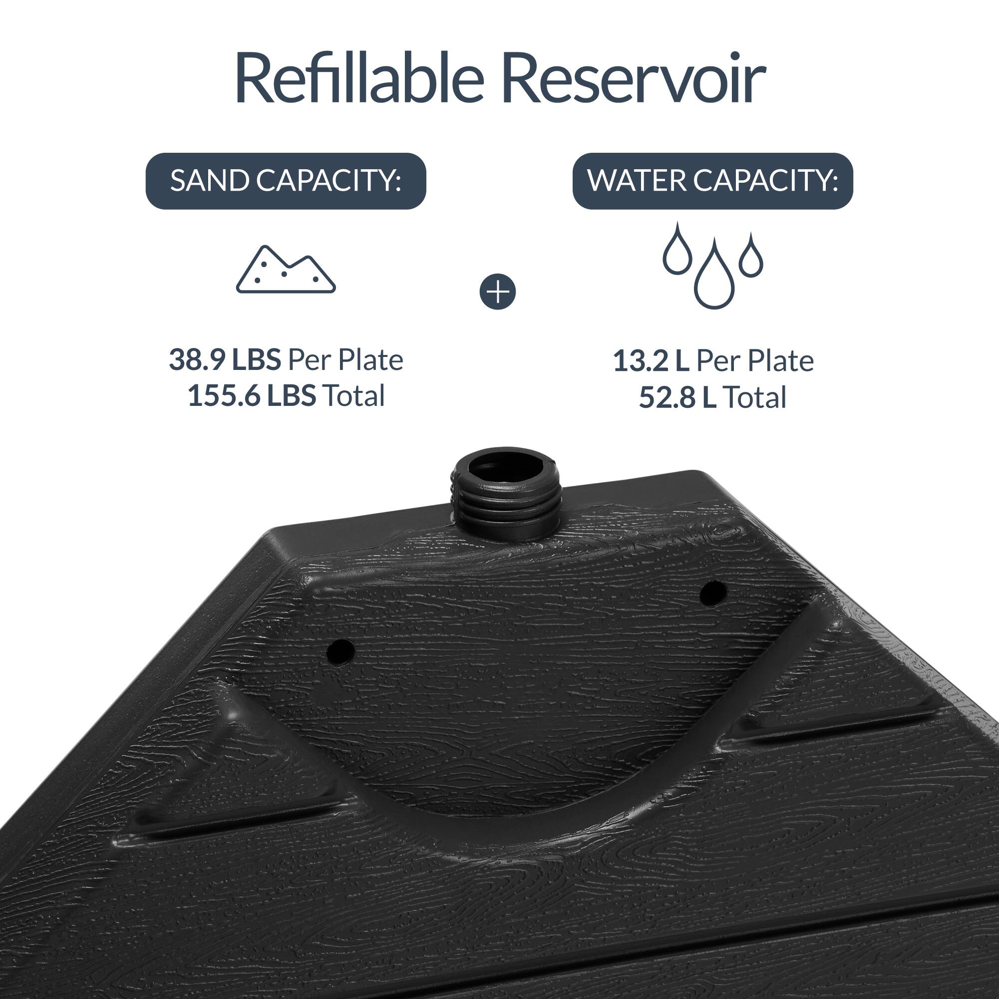 Refillable Reservoir

SAND CAPACITY:
38.9 LBS Per Plate
155.6 LBS Total

WATER CAPACITY:
13.2 L Per Plate
52.8 L Total