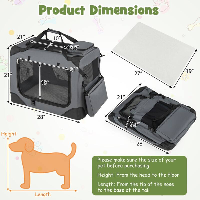 Product Dimensions
21" x 10" x 13.5"
21" x 13" x 21"
27" x 19" x 21"
Height: 28"
Length: 3.5"

Please make sure the size of your pet before purchasing
Height: From the head to the floor
Length: From the tip of the nose to the base of the tail