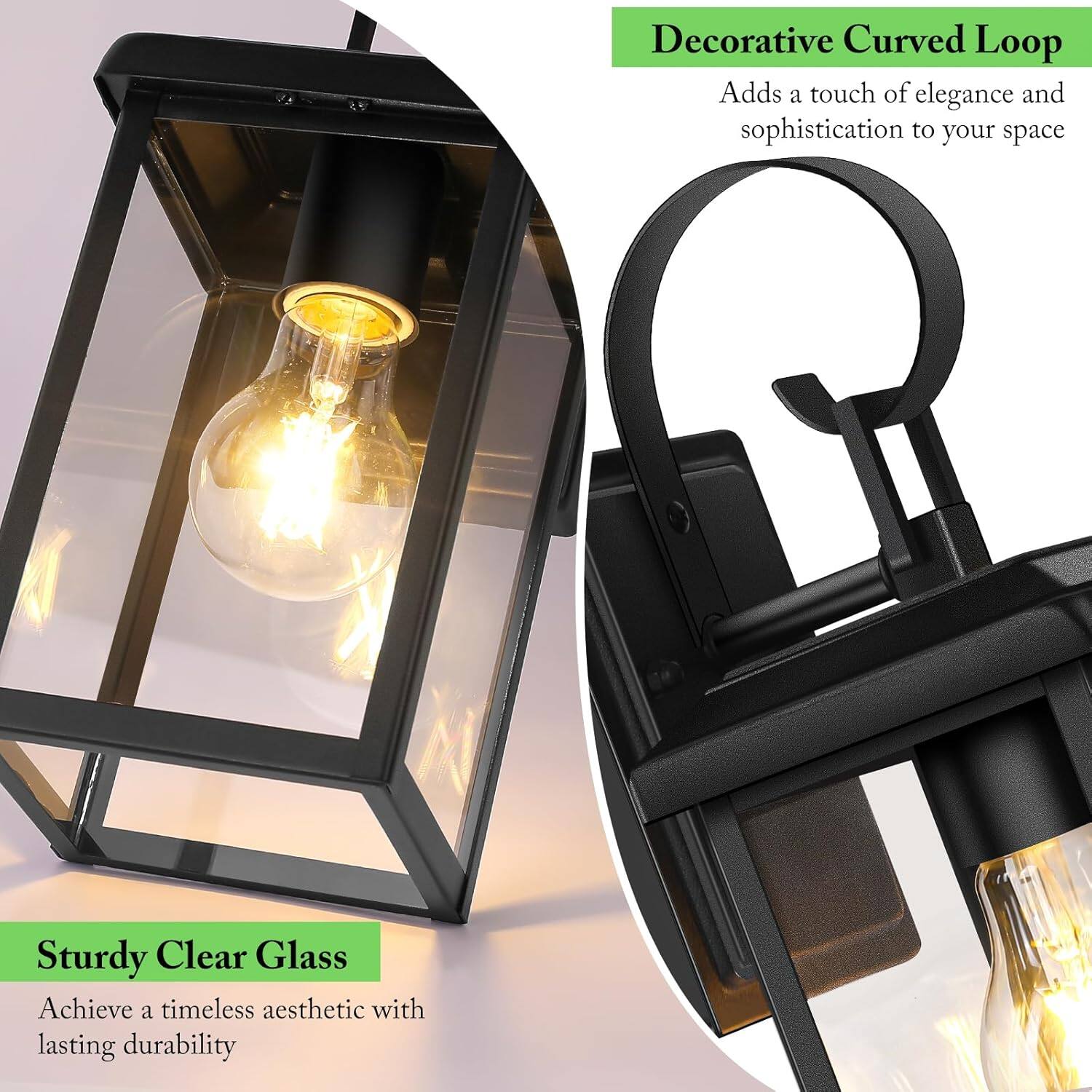 Decorative Curved Loop  
Adds a touch of elegance and sophistication to your space  

Sturdy Clear Glass  
Achieve a timeless aesthetic with lasting durability