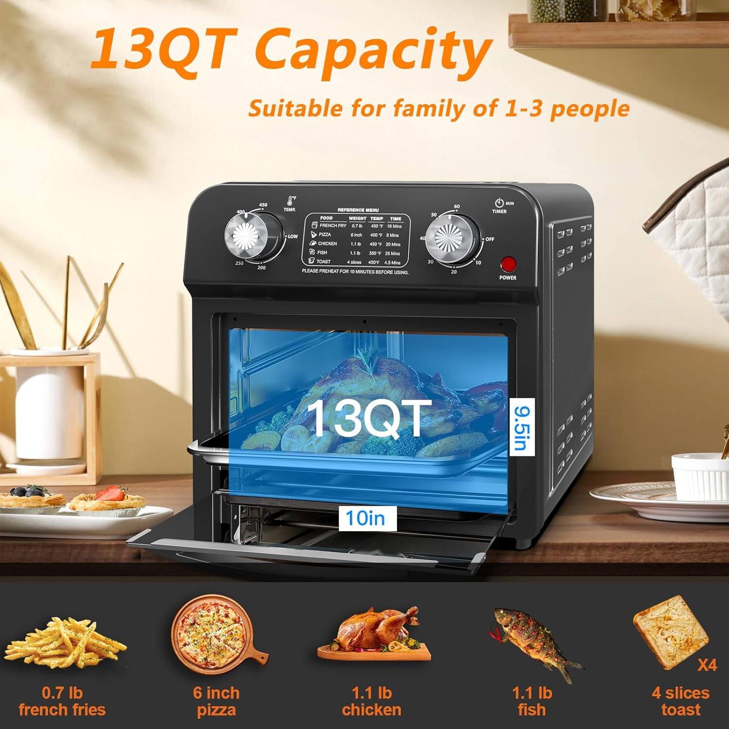 13QT Capacity, Suitable for family of 1-3 people. 

- 0.7 lb french fries
- 6 inch pizza
- 1.1 lb chicken
- 1.1 lb fish
- 4 slices toast